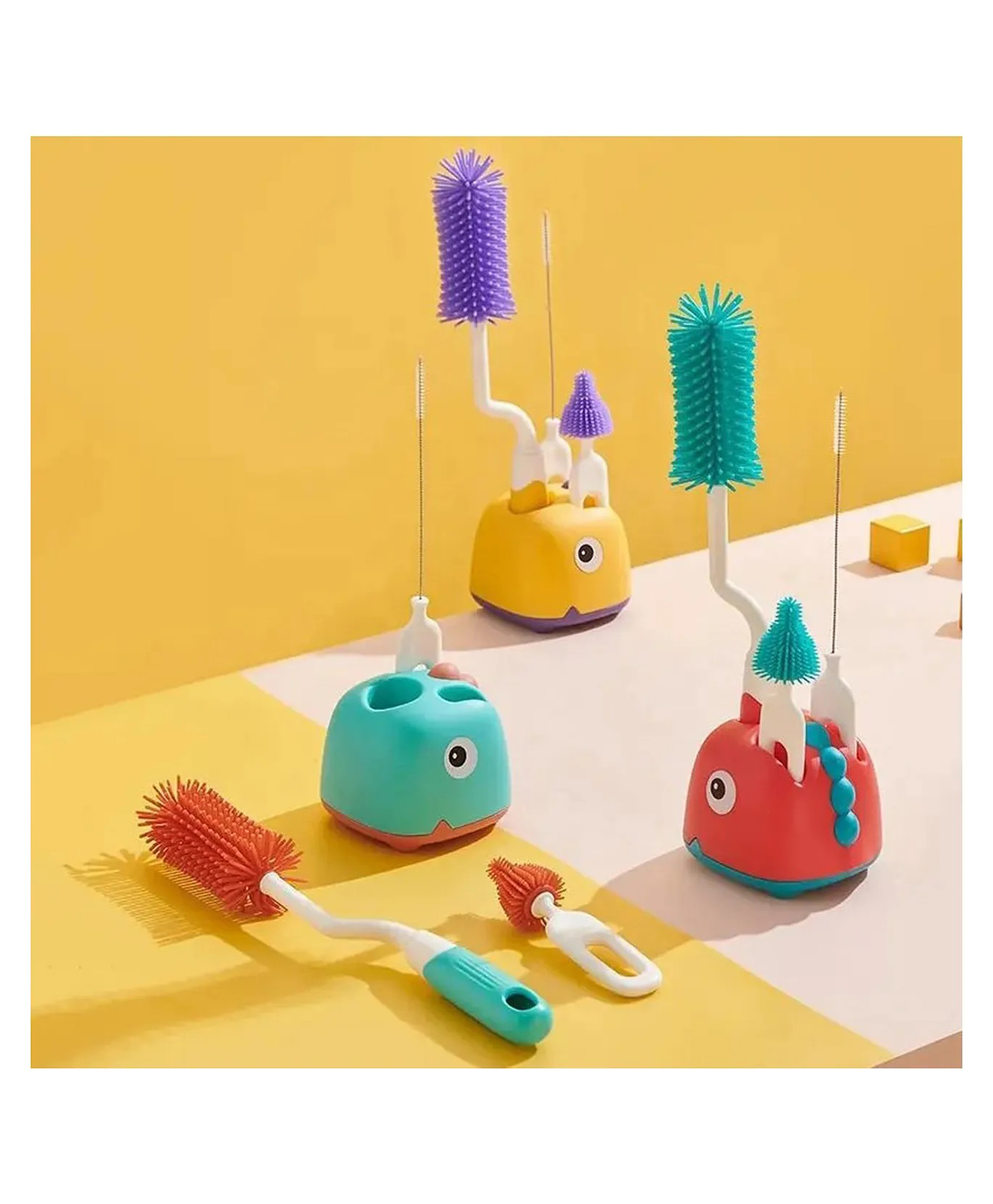 Comercio Dino Design Scratch Free4 in 1 Rotary Bottle and Teat Cleaning Brush Kit With Stand - Color & Design May Vary-picture-10