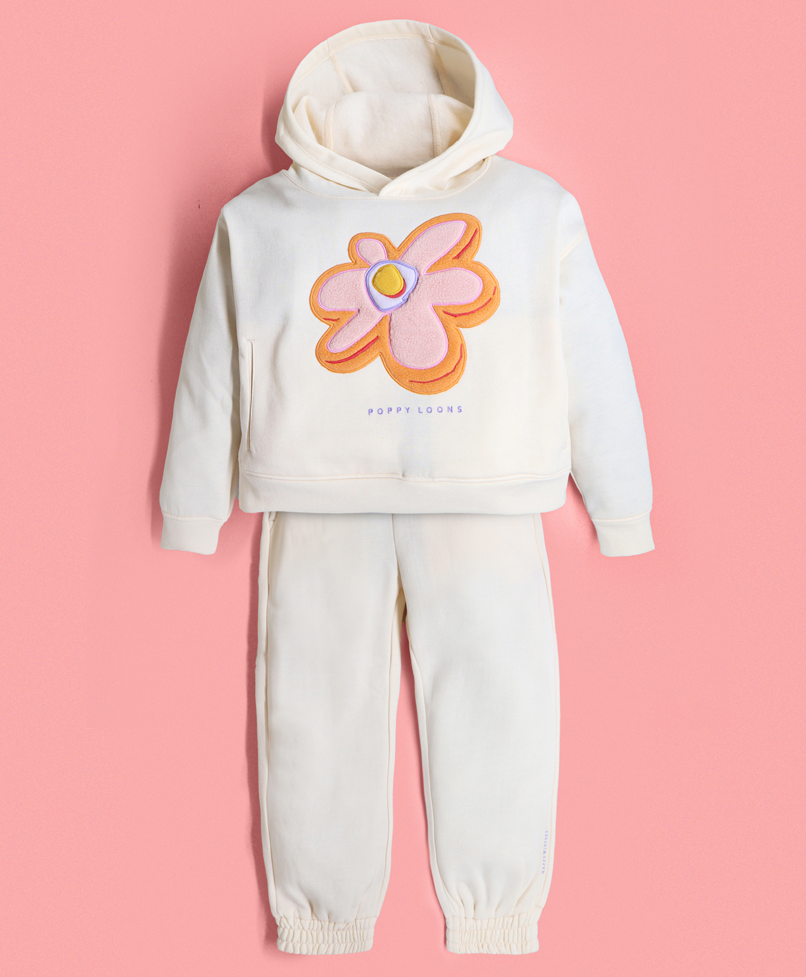 Cherry Crumble By Nitt Hyman Full Sleeves Floral Patch Embroidered Hooded Sweatshirt & Pajama Set - Cream-image-49