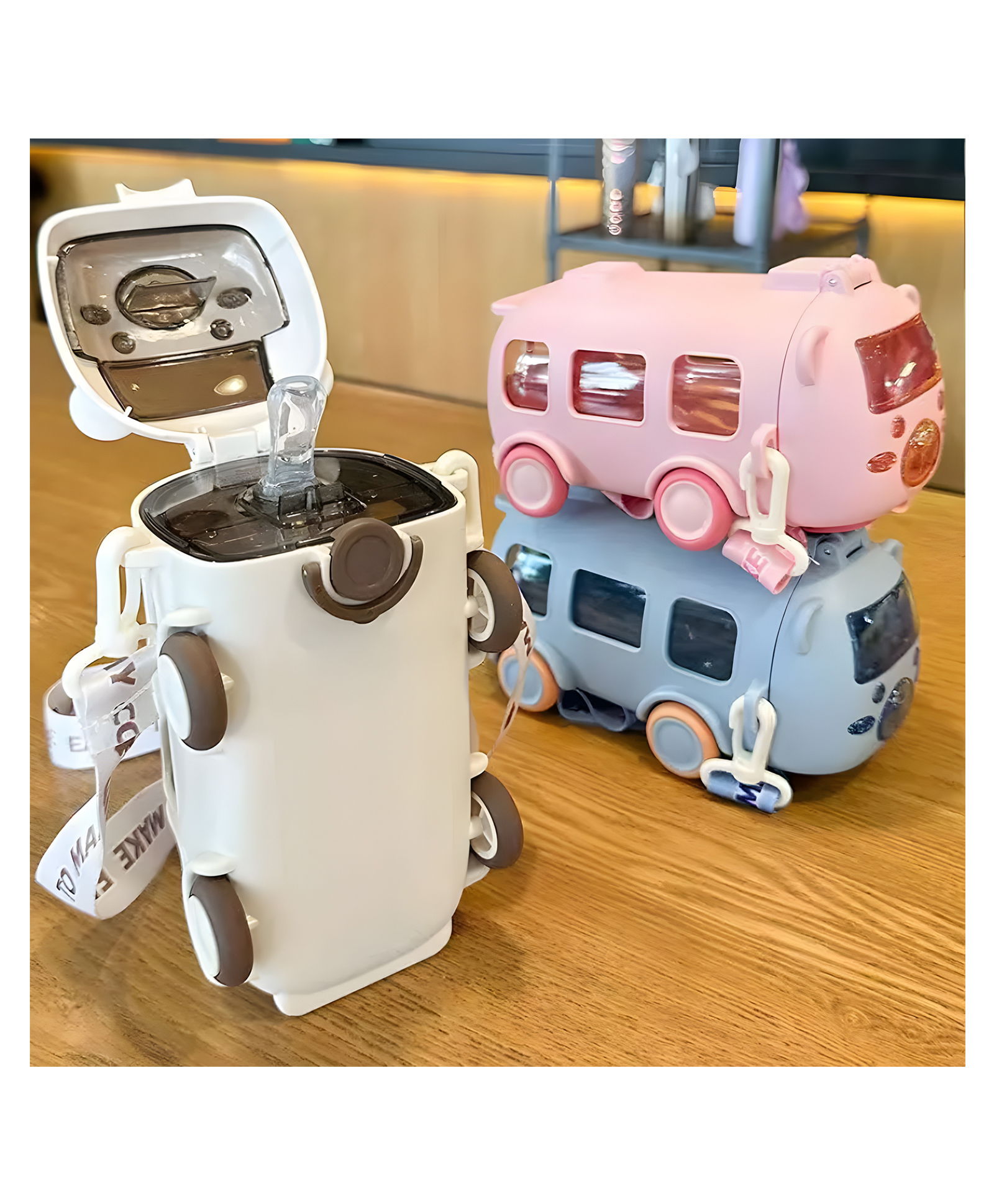 SCHOOLISH 500ml Water Bottle for Kids School Straw Bottle for Kids Cartoon Cute Bear Car Design Intergrated Silicone Straw Design Outdoor Water Bottle with Shoulder Strap - PACK OF 1 - COLOR MAY VARY-image-12