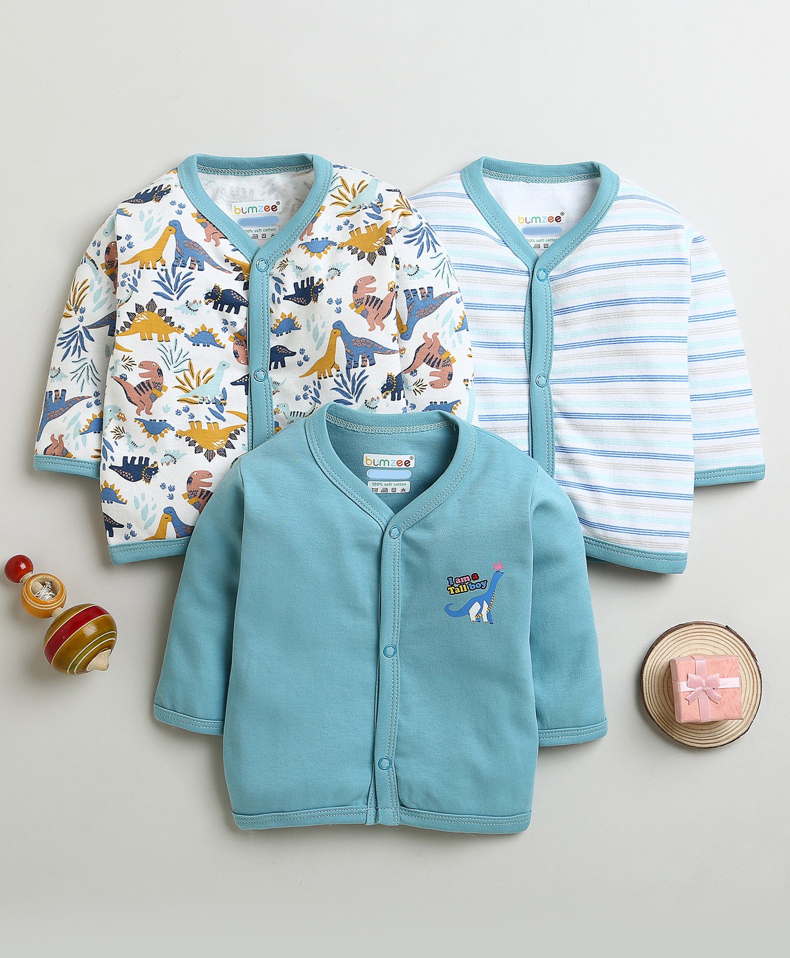 BUMZEE Cotton Pack Of 3 Full Sleeves Dinosaurs Printed & Striped Jhablas - Dusty Blue & White-image-31