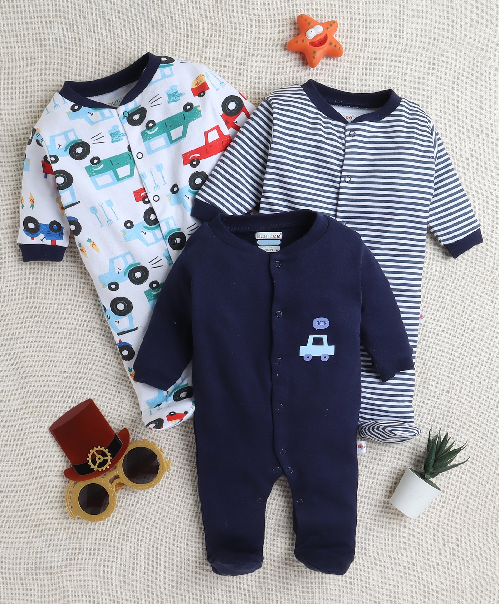 BUMZEE Cotton Pack Of 3 Full Sleeves Striped & Cars Printed Footed Sleepsuits - Navy Blue & White-image-14