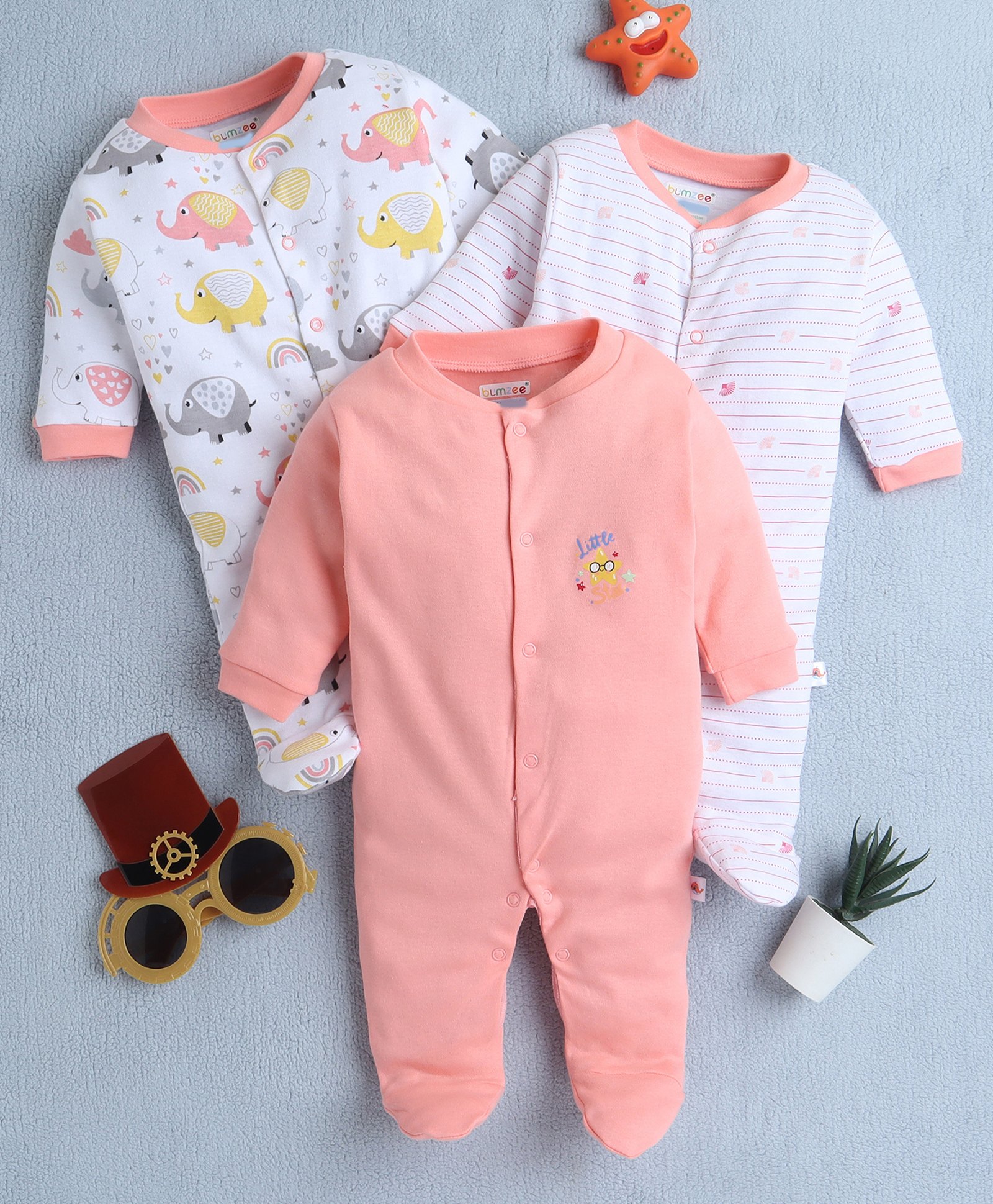 BUMZEE Cotton Knit Pack Of 3 Full Sleeves Striped & Elephant Printed Footed Sleepsuits - Peach & White-image-22