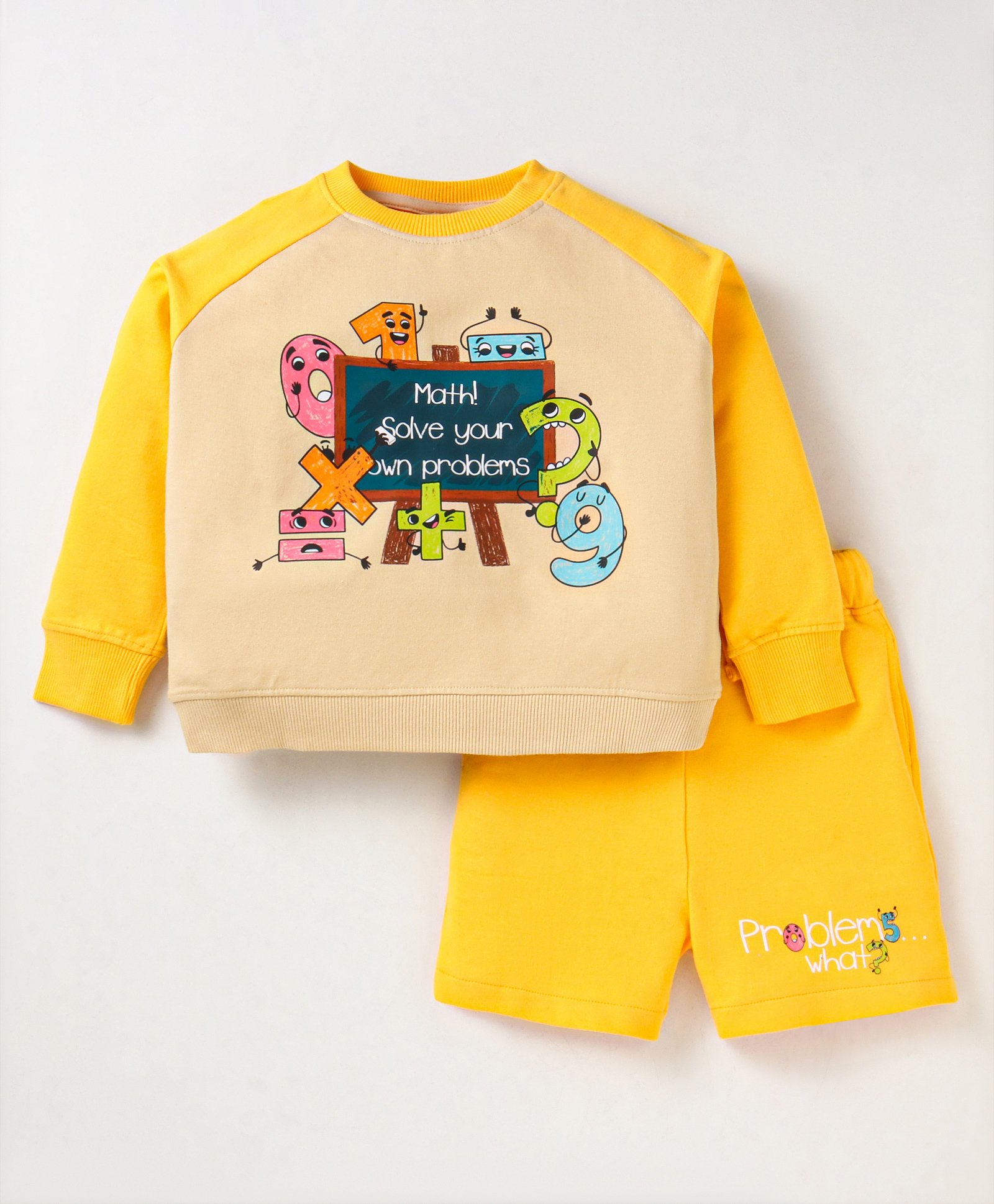 Totle Cotton Full Raglan Sleeves Numericals Printed Sweatshirt & Shorts Set - Yellow-picture-10