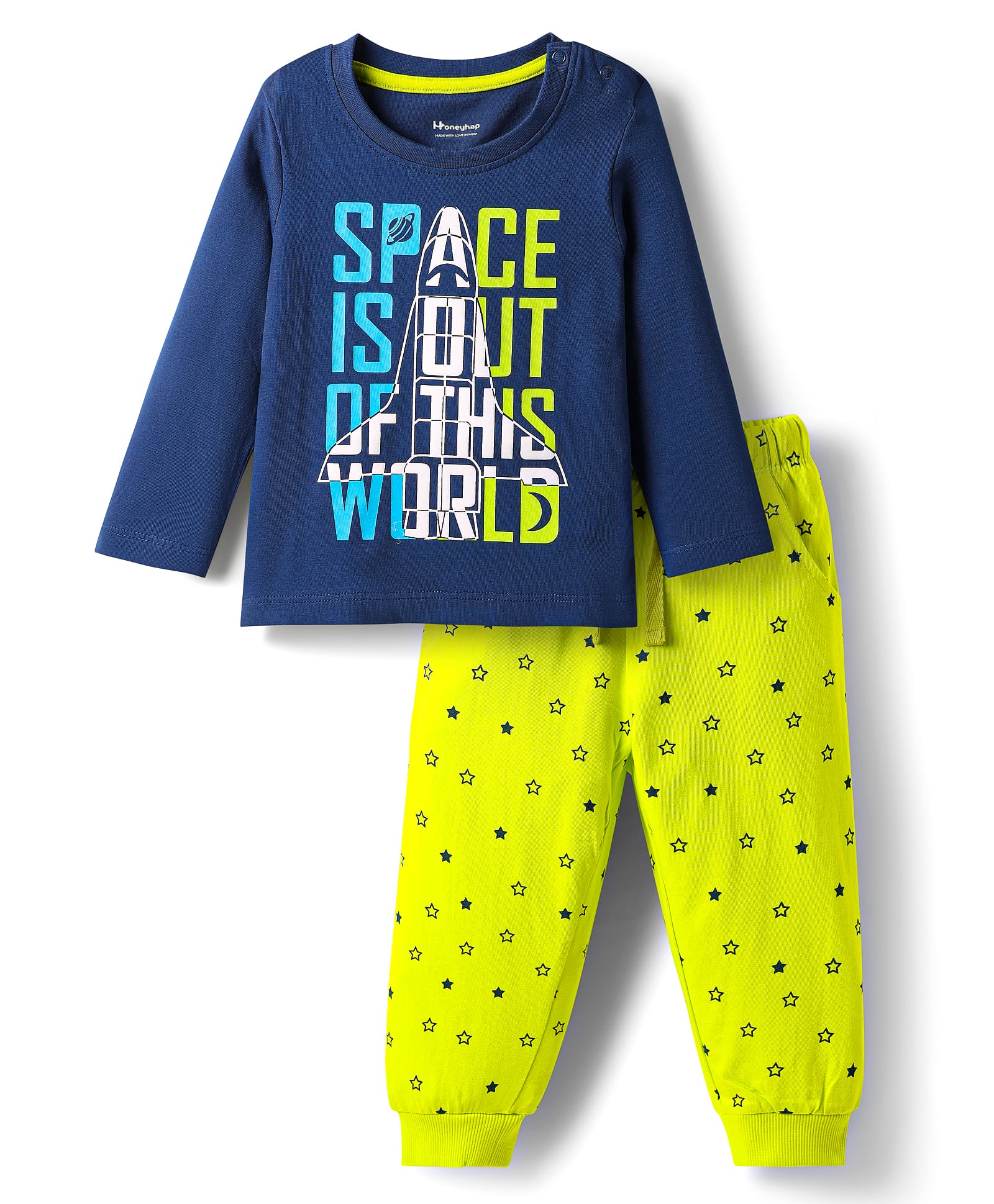 Honeyhap Premium Cotton Knit Full Sleeves Night Suit with Bio Finish & Text Print - Navy Peony & Limeade-image-46