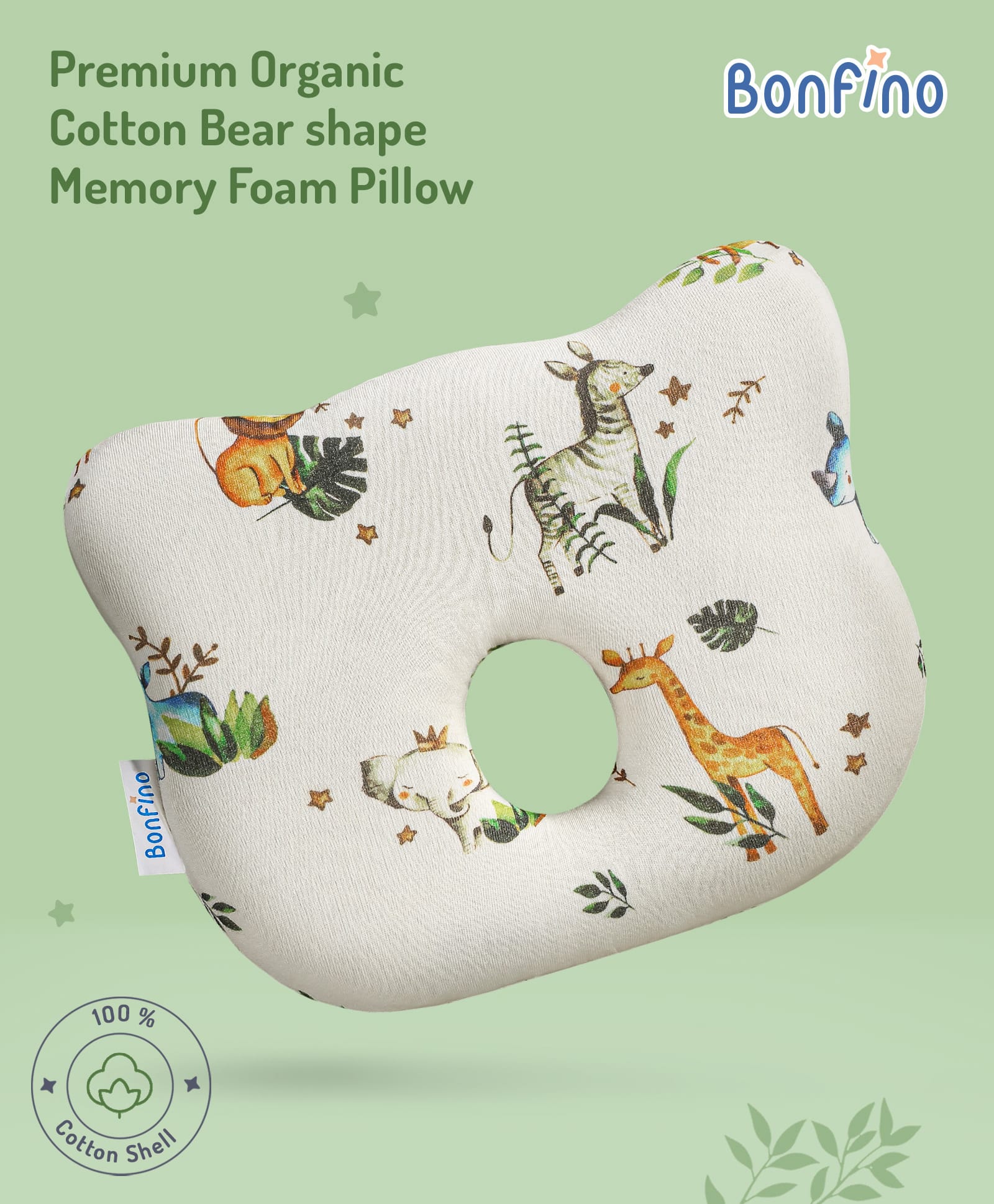 Bonfino Premium Cotton Bear shape Memory Foam Pillow African Safari Print - Green & White-image-21