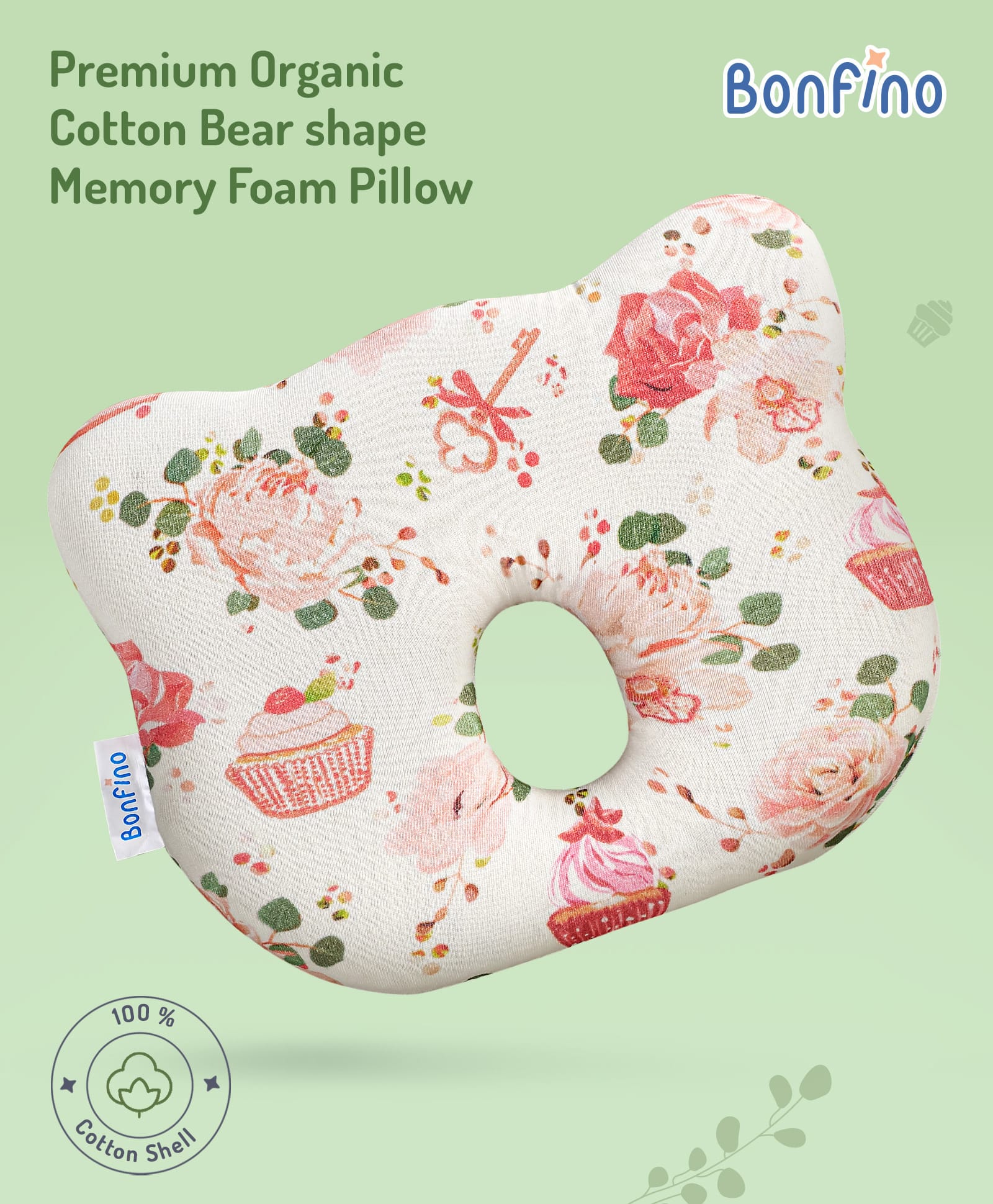 Bonfino Premium Cotton Bear shape Memory Foam PillowCupcake Print - Pink & White-image-39