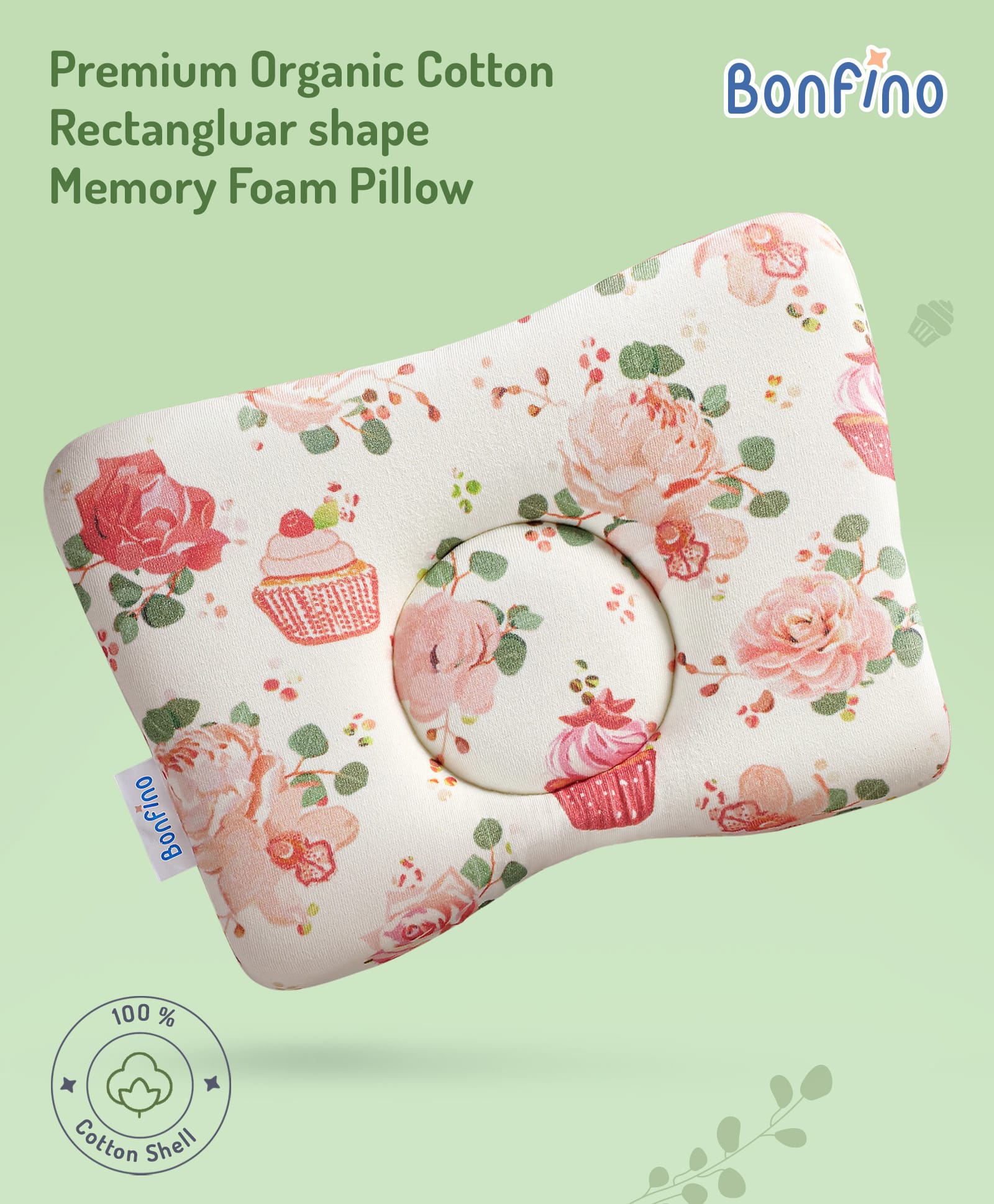 Bonfino Premium Cotton Rectangluar Shape Memory Foam PillowCupcake Print - Pink and White-image-21