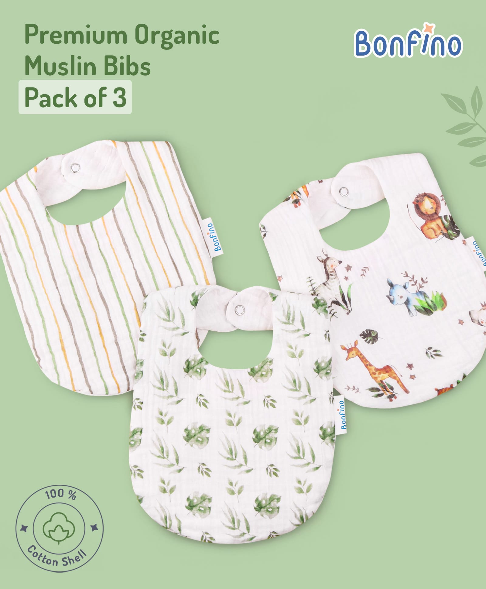 Bonfino Premium Organic Muslin Bibs African Safari Print Pack of 3 - Green & White