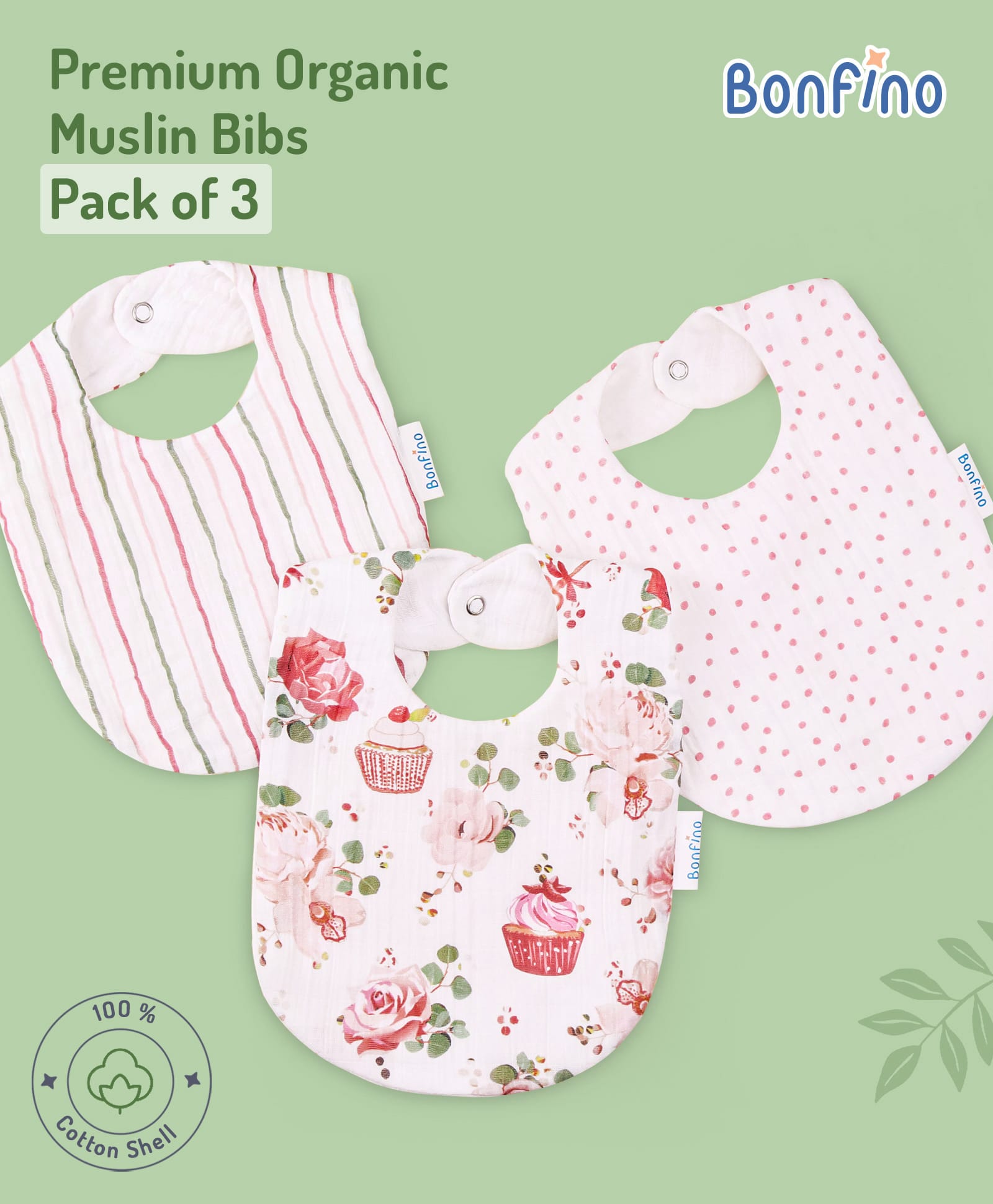 Bonfino Premium Organic Muslin Bibs Cupcake Print Pack of 3 - Pink & White-picture-27