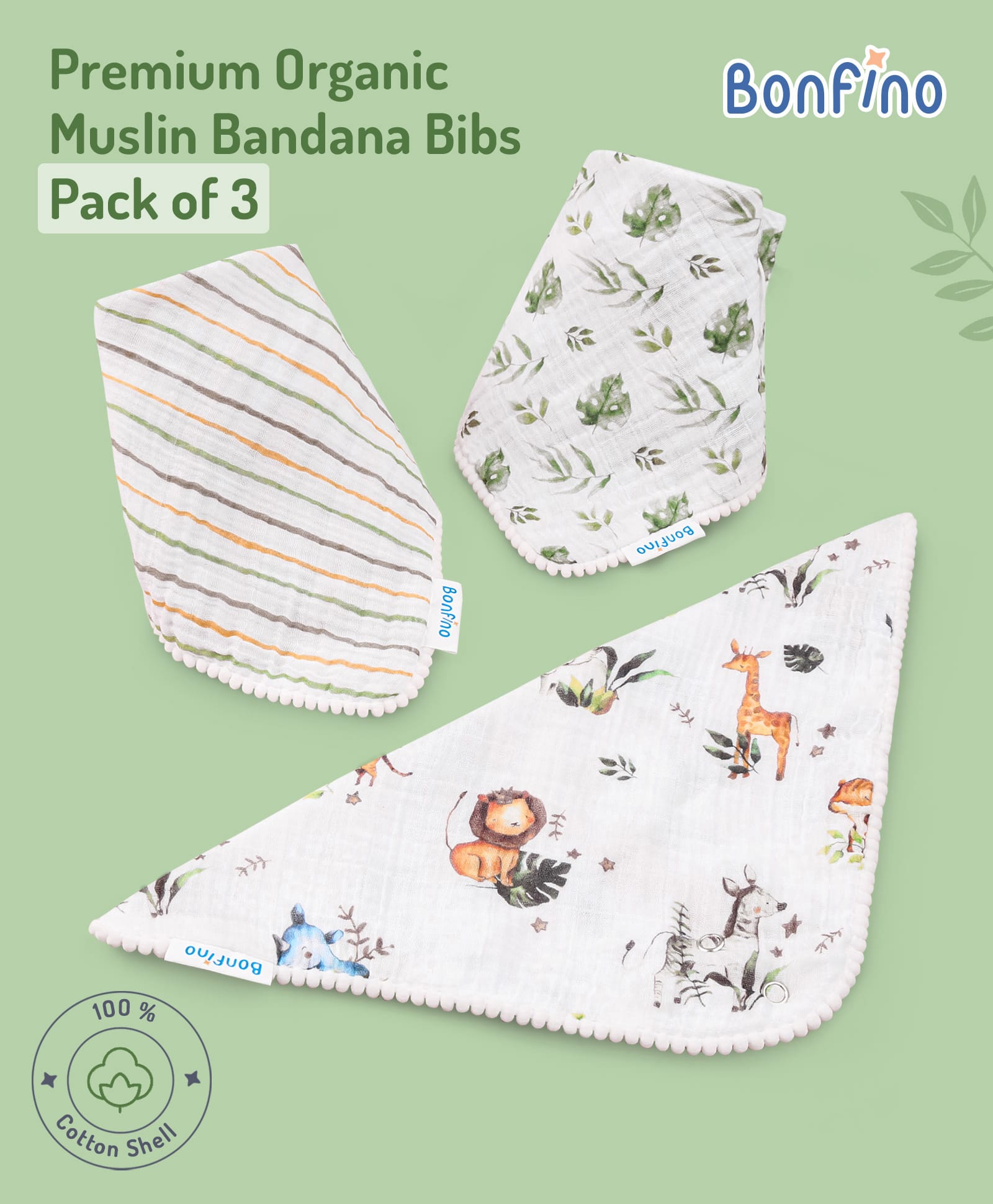 Bonfino Premium Organic Muslin Bandana Bibs African Safari Print - Green & White-image-19
