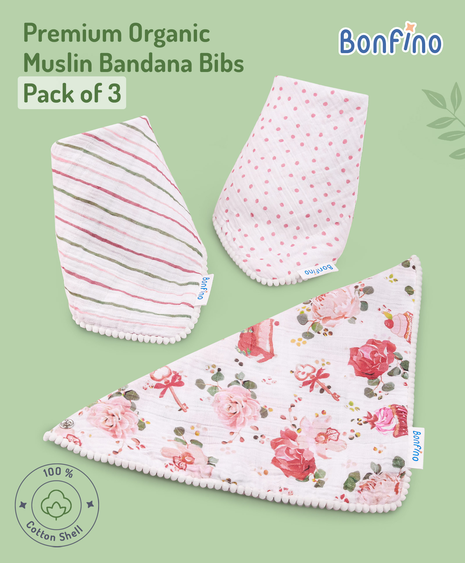 Bonfino Premium Organic Muslin Bandana Bibs Cupcake Print - Pink & White-picture-41