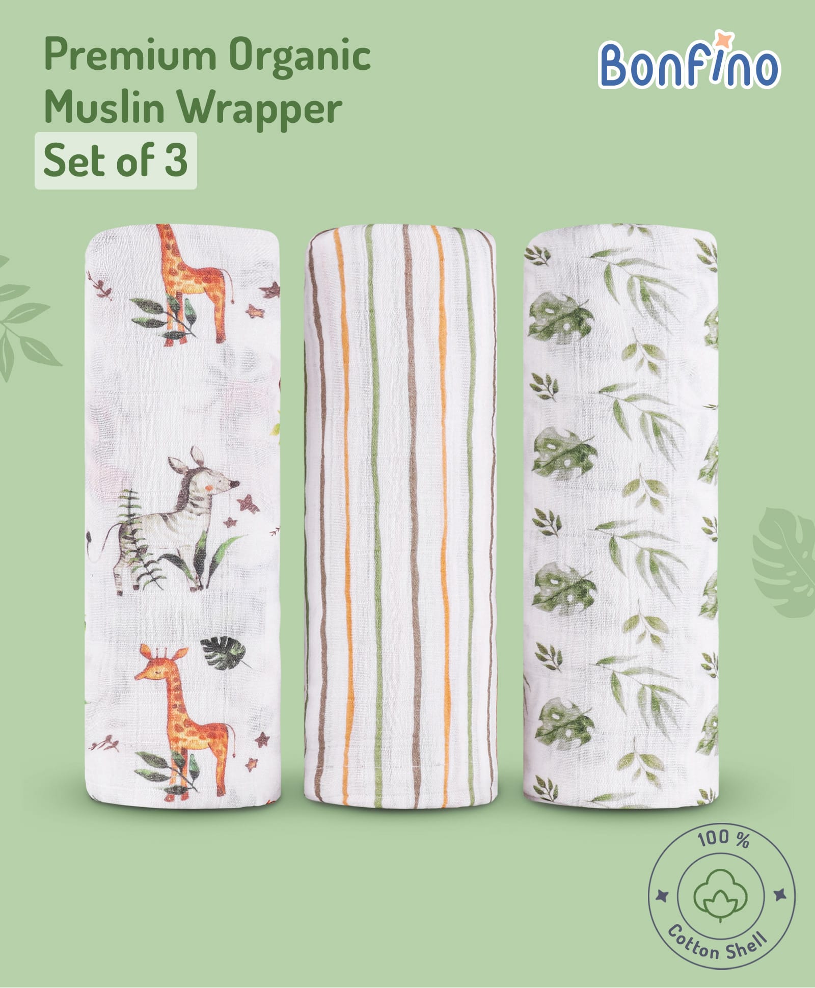 Bonfino Premium Organic Muslin Wrapper African Safari Print Set of 3 - Green & White-picture-22