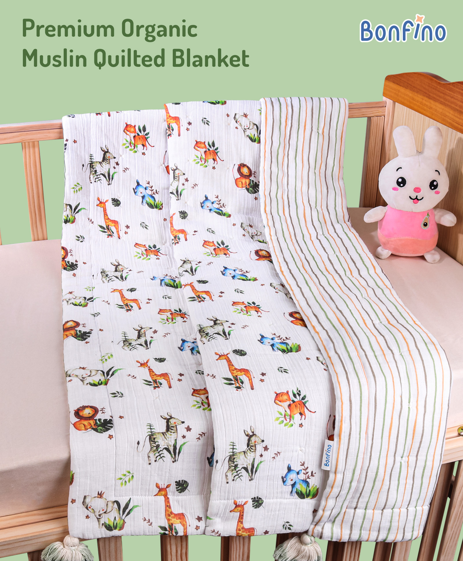 Bonfino Premium Organic Muslin Quilted Blanket African Safari Print - Green & White-image-20