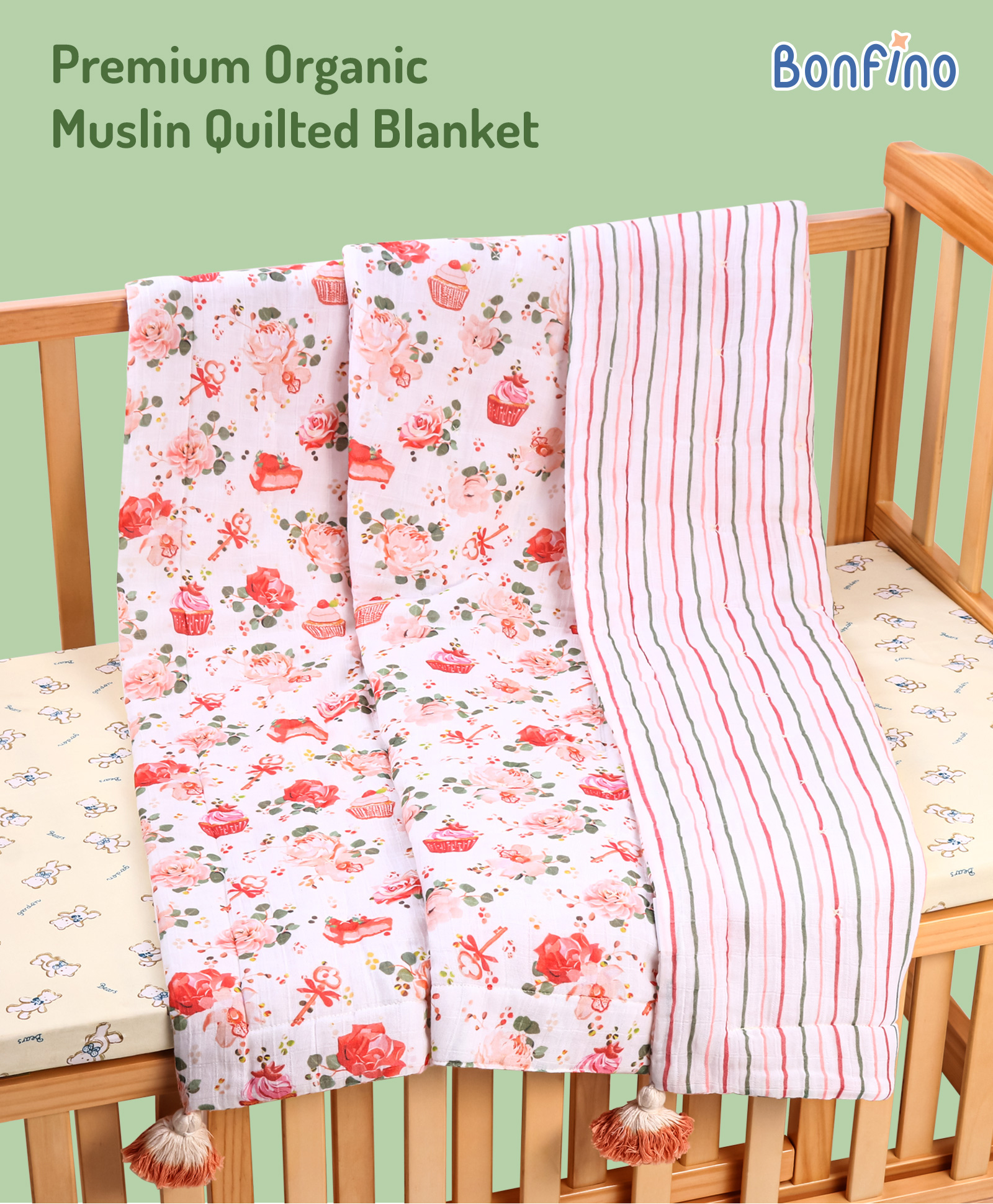 Bonfino Premium Organic Muslin Quilted Blanket Cup Cake Print - Pink & White-picture-25
