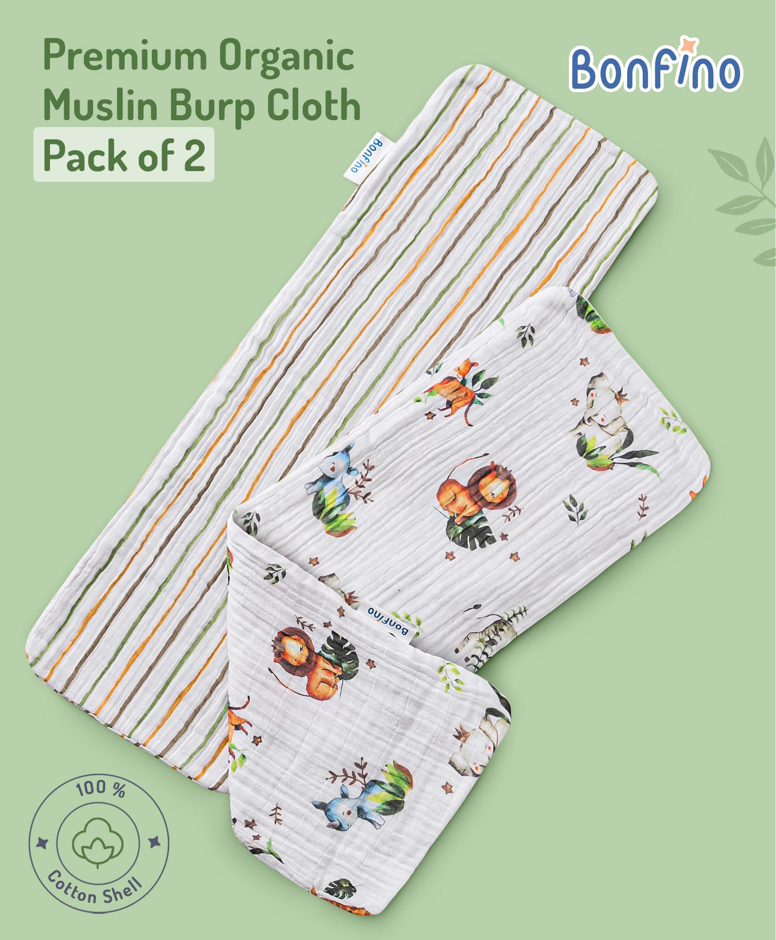 Bonfino Organic Muslin Burp Cloth African Safari Print Set of 2- Green & White-image-6