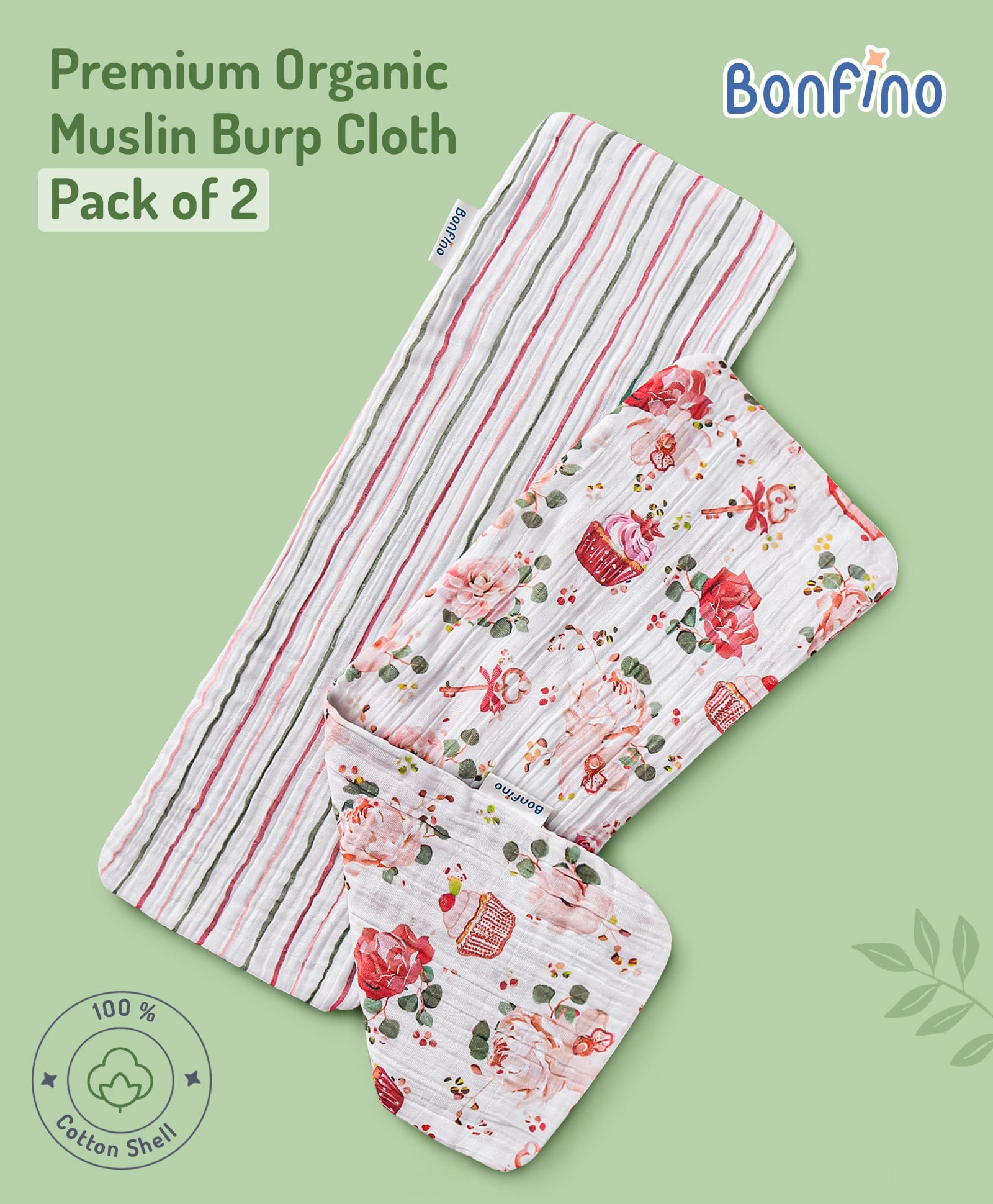 Bonfino Organic Muslin Burp Cloth Cupcake Print set of 2 - Pink & White-picture-32