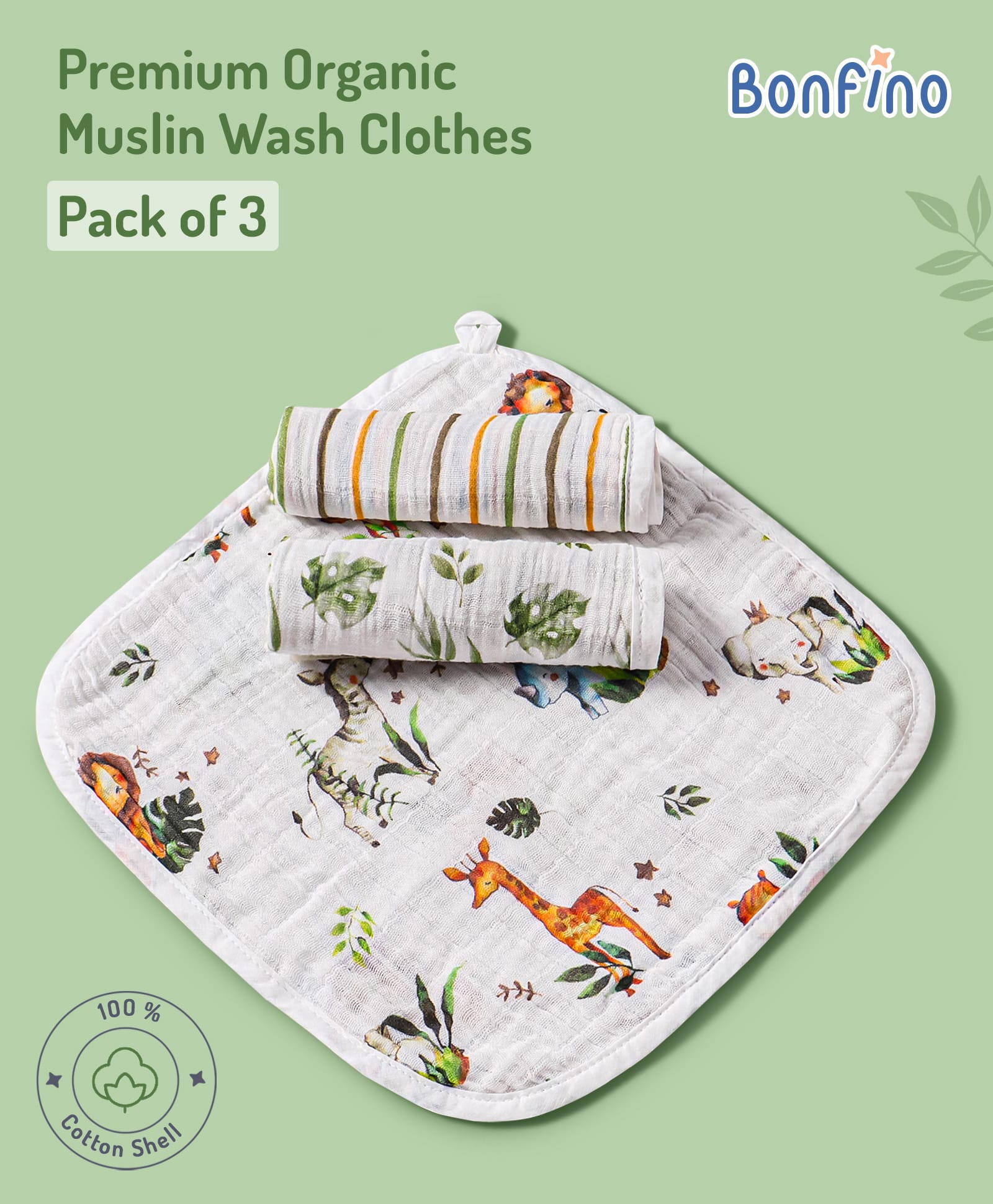 Bonfino Organic Muslin Wash Clothes African Safari Print Set of 3 - Green & White-picture-23