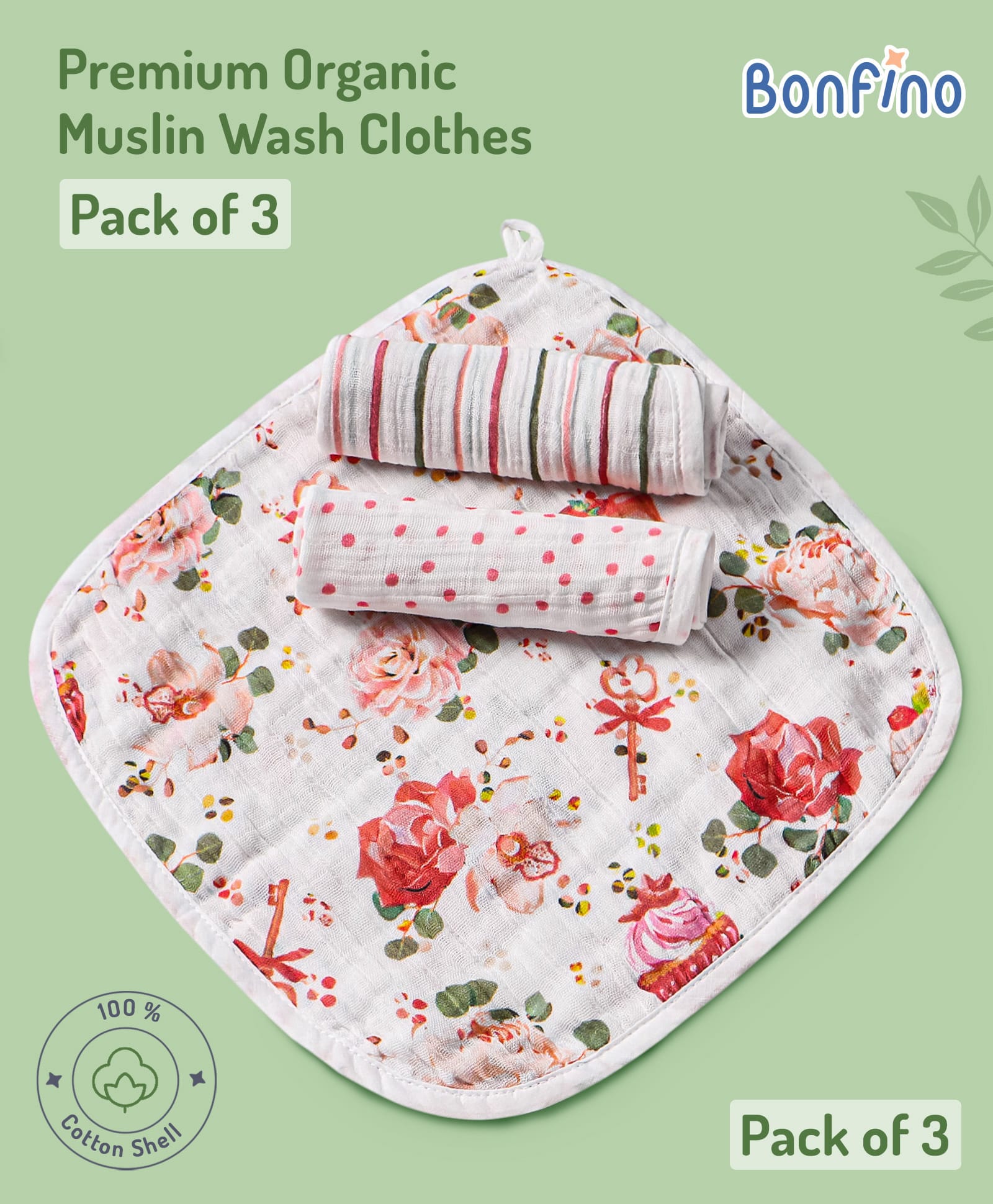 Bonfino Organic Muslin Wash Clothes Cupcake Print Set of 3 - Pink & White-picture-35