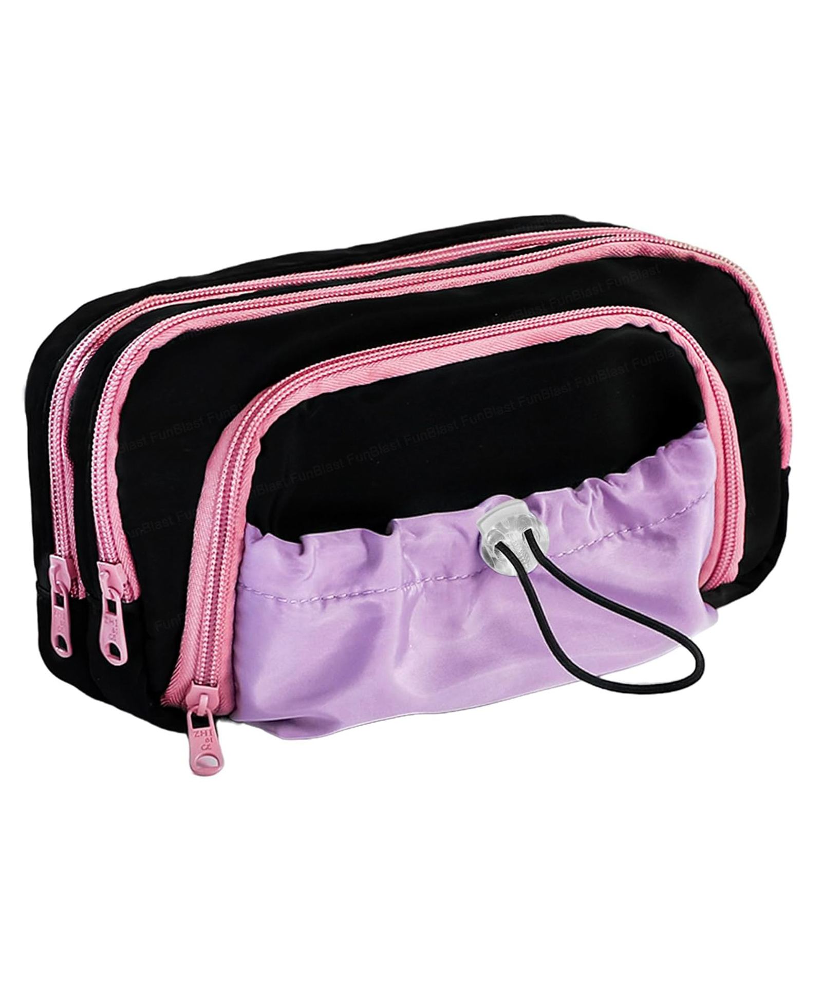 Bunie Multiple Compartment Stationery Pouch with Drawstring Pocket Black Pink-image-39