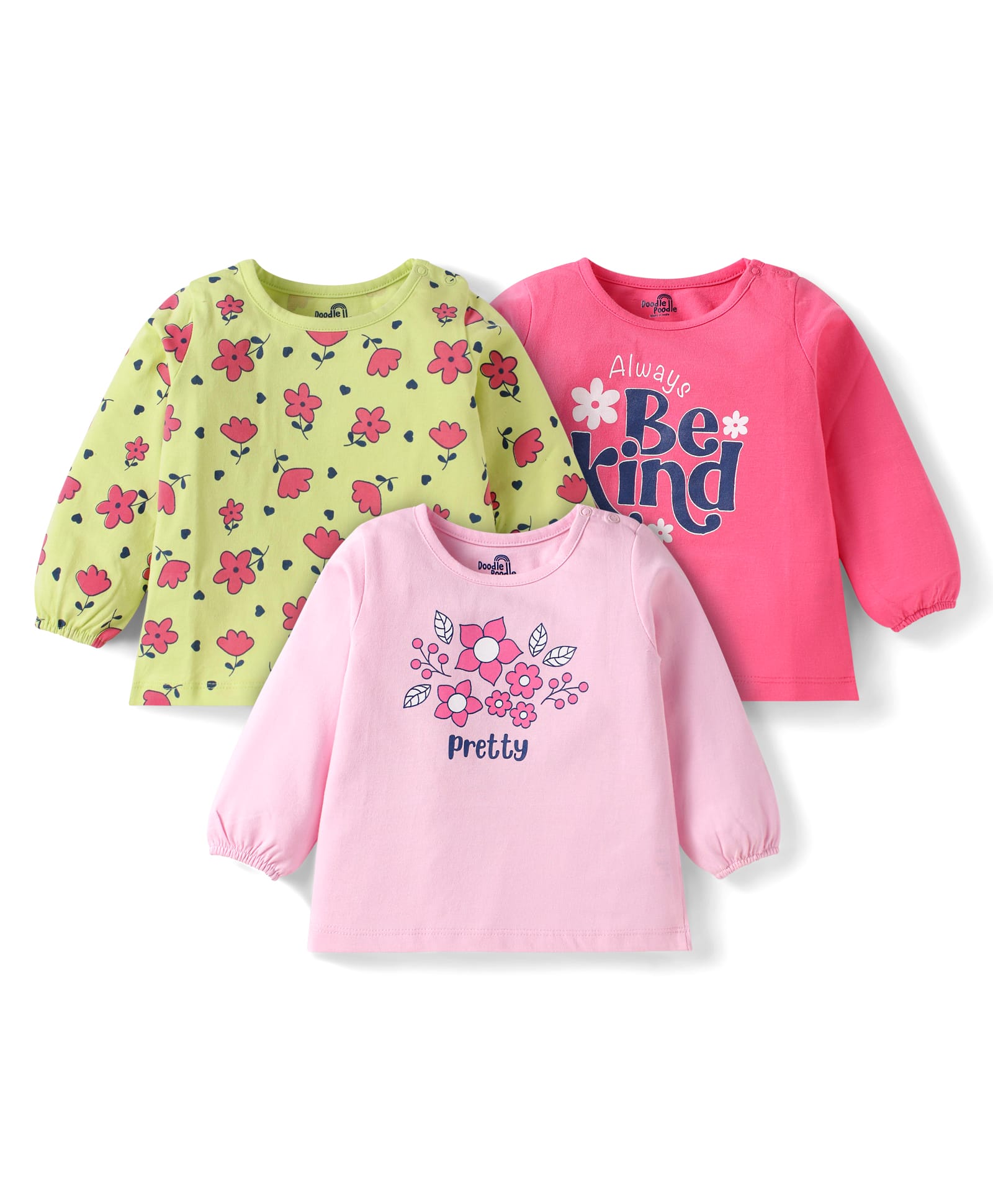Doodle Poodle 100% Cotton Knit Full Sleeves T-Shirts with Floral Print Pack of 3 - Yellow Pink & Dark Pink-image-46