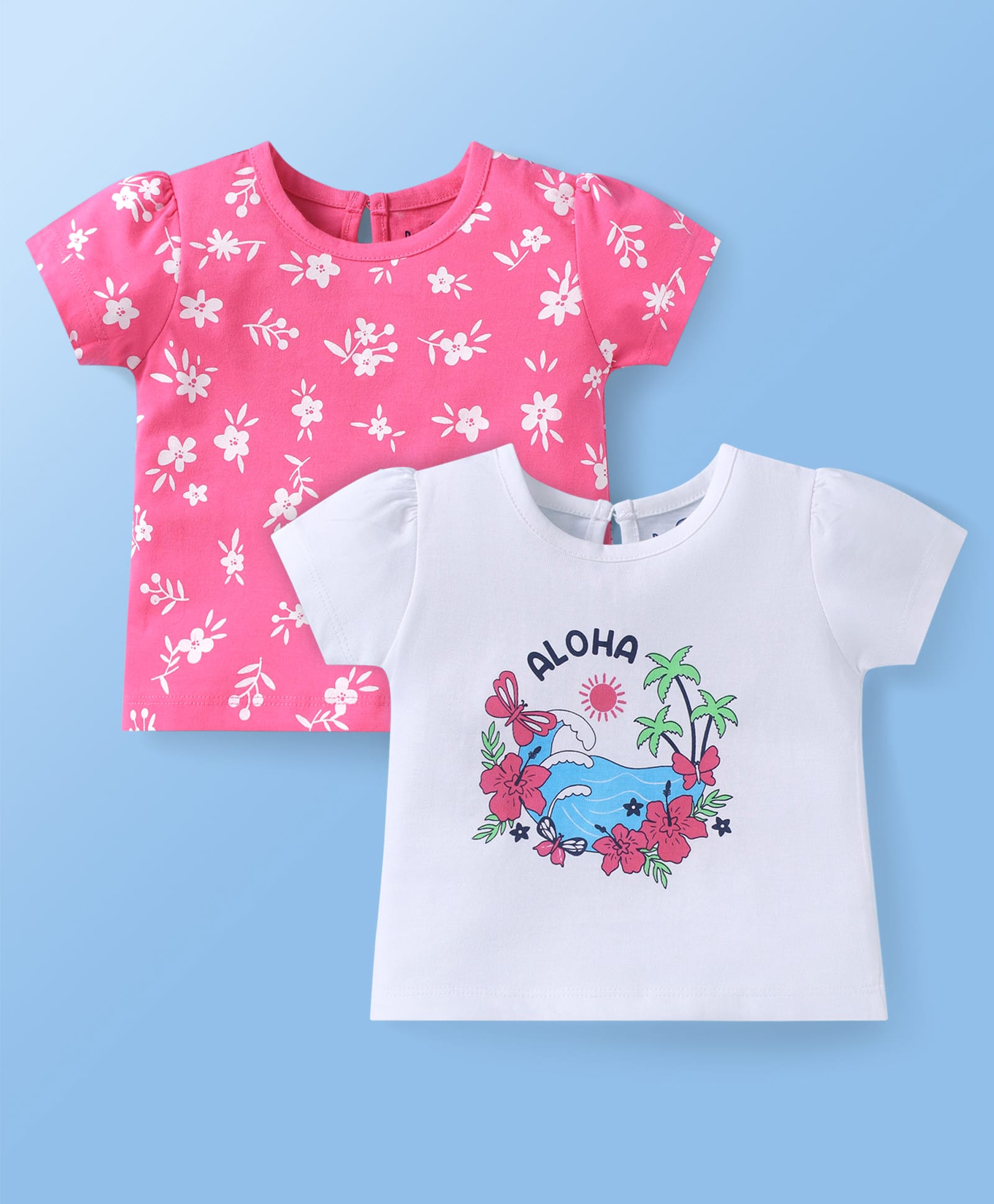 Doodle Poodle Single Jersey Knit Half Sleeves Printed T-Shirts With Floral & Aloha Print Pack of 2 - Bright White Sangria Sunset-picture-10
