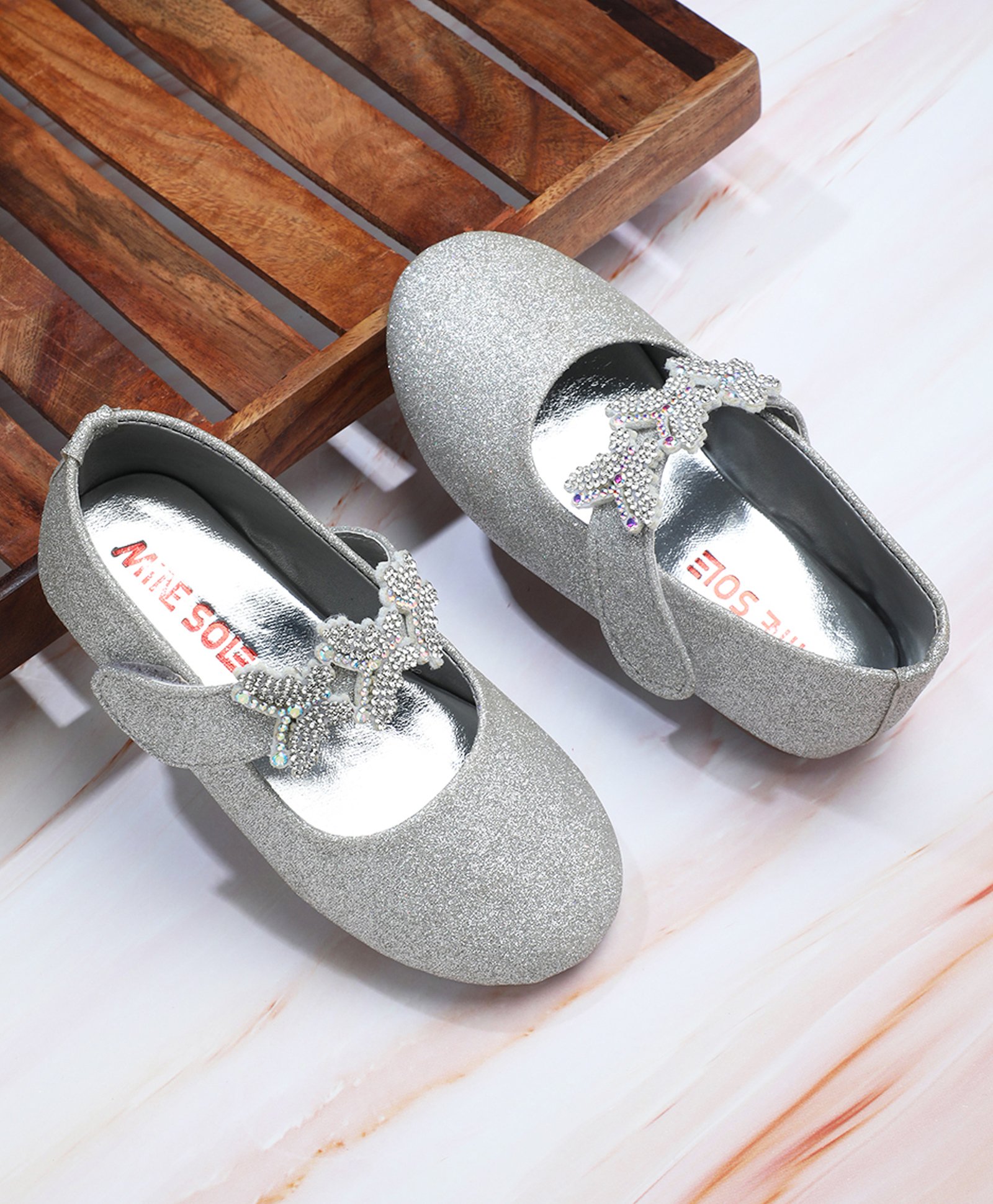 Mine Sole Butterflies Designed & Stones Embellished Marry Jane Ballerinas - Silver-image-47
