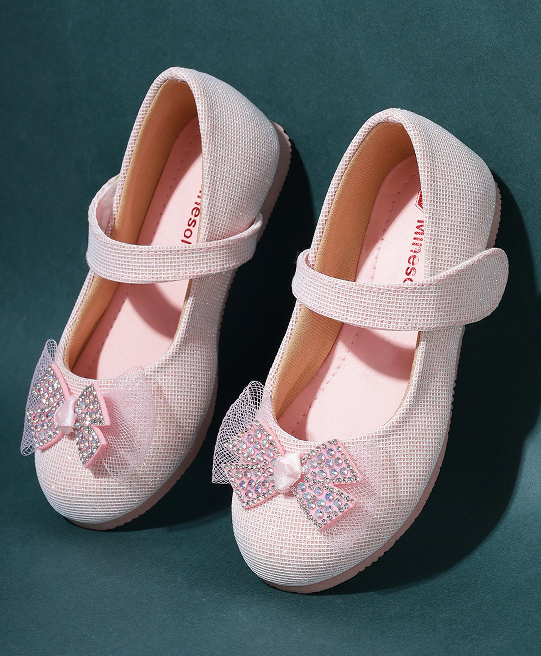 Mine Sole Bow Applique Detailed & Stones Embellished Ballerinas With Velcro Closure - Pink-image-41