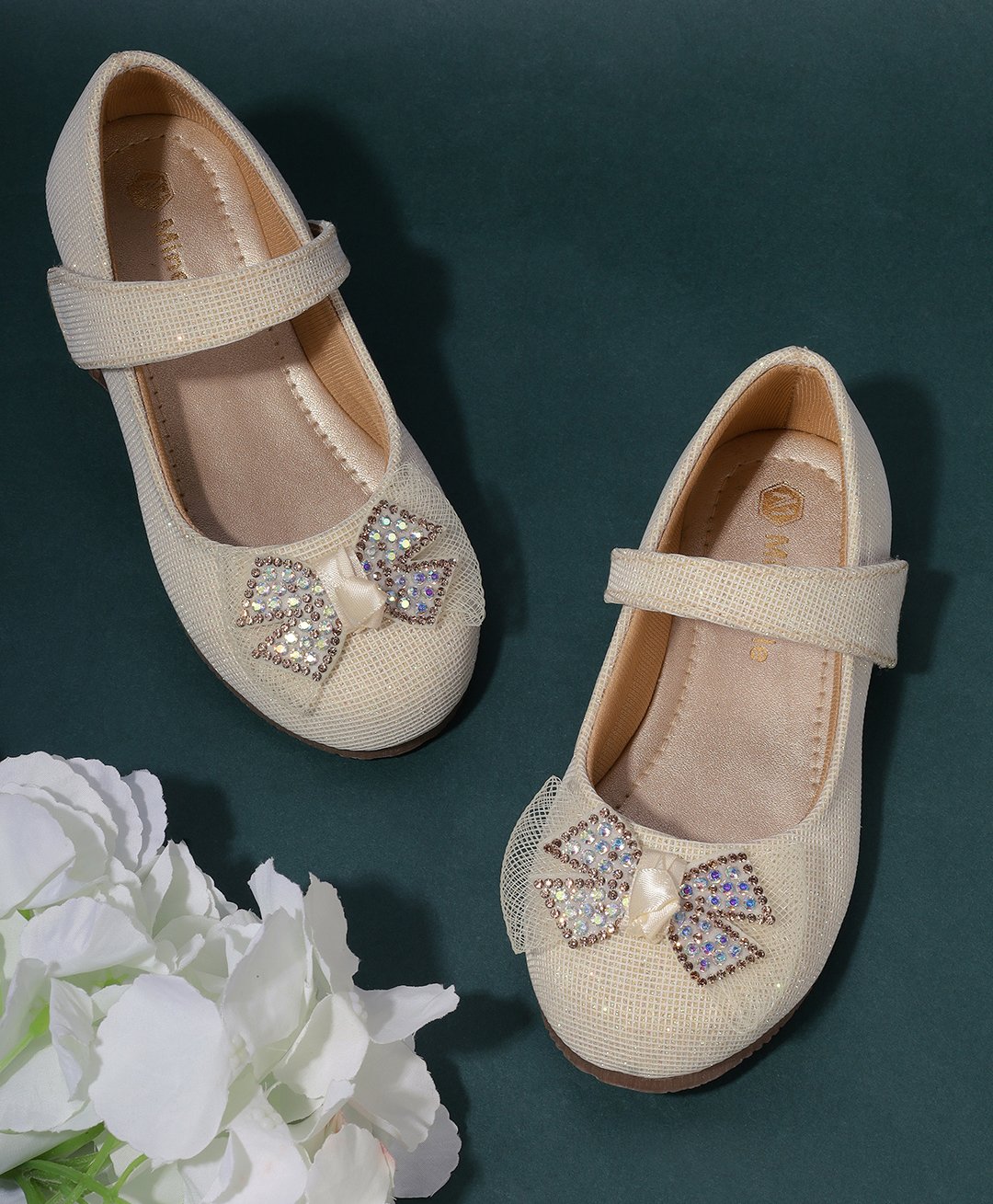 Mine Sole Bow Applique Detailed & Stones Embellished Ballerinas With Velcro Closure - Gold-image-38