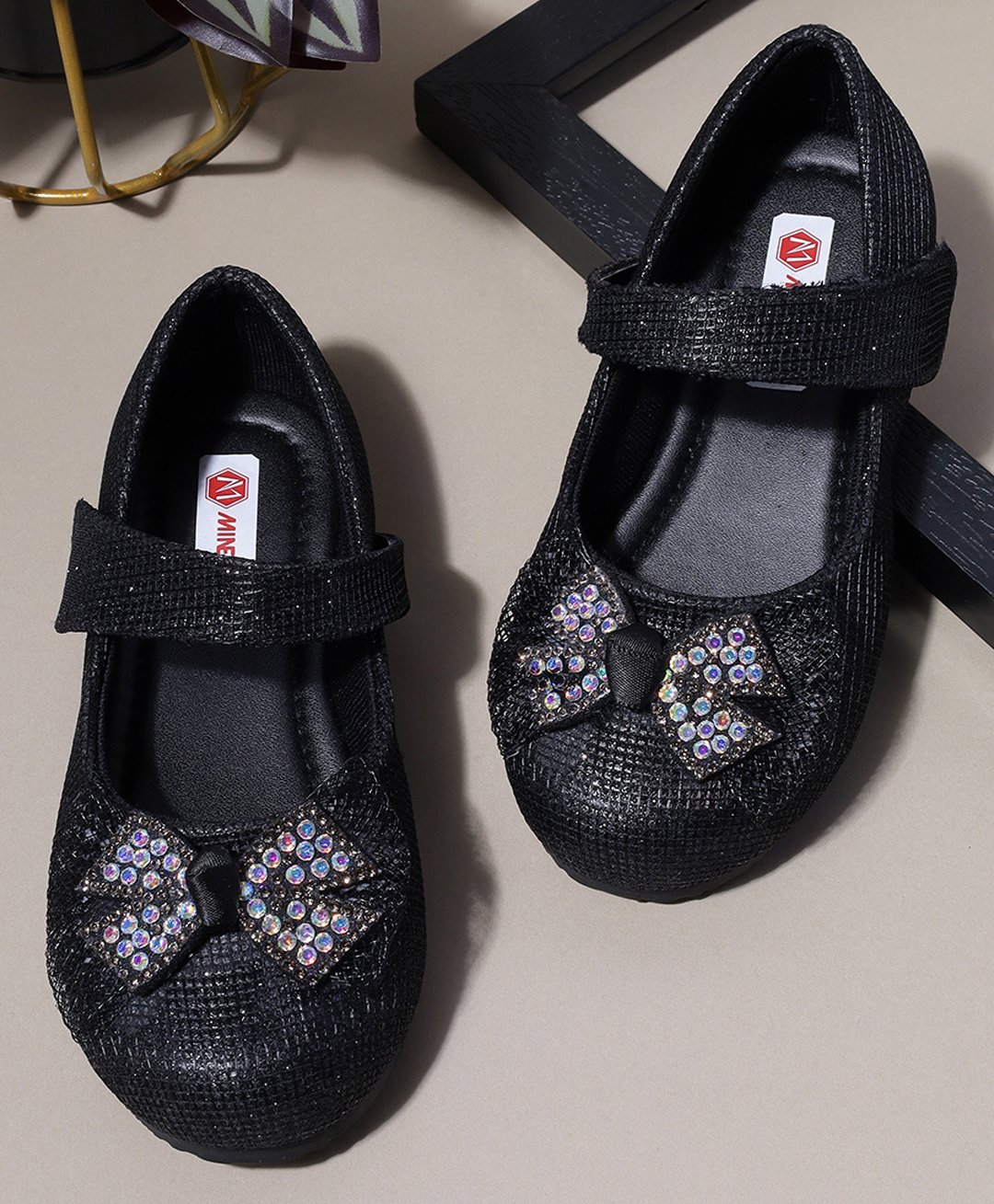 Mine Sole Bow Applique Detailed & Stones Embellished Ballerinas With Velcro Closure - Black-image-13