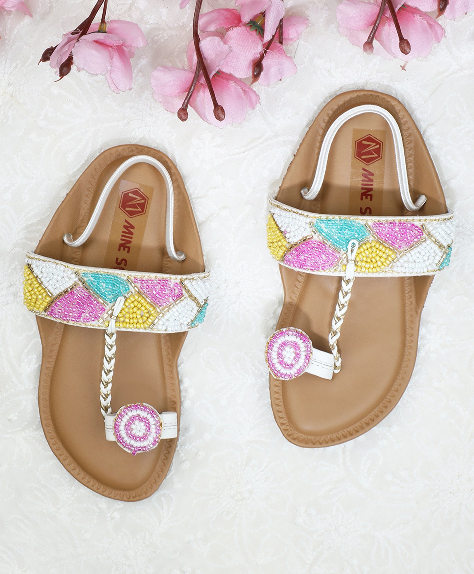 Mine Sole Pearls Embellished Kolhapuri Flip Flops - Multi Colour-image-36