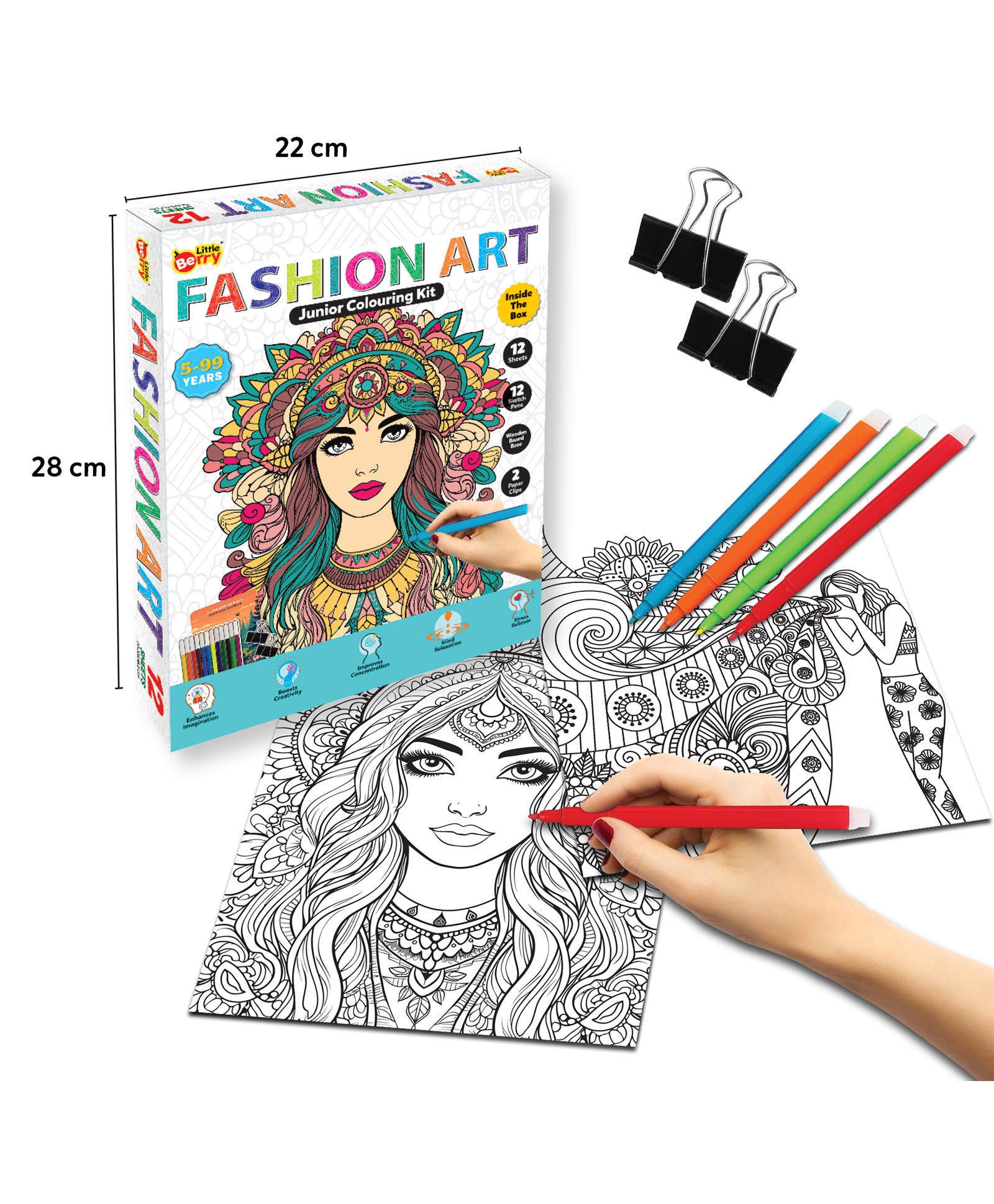 Little Berry Junior Fashion Art Colouring Kit - 12 Unique Designs with Sketchpens for Girls (Multicolour)-image-17