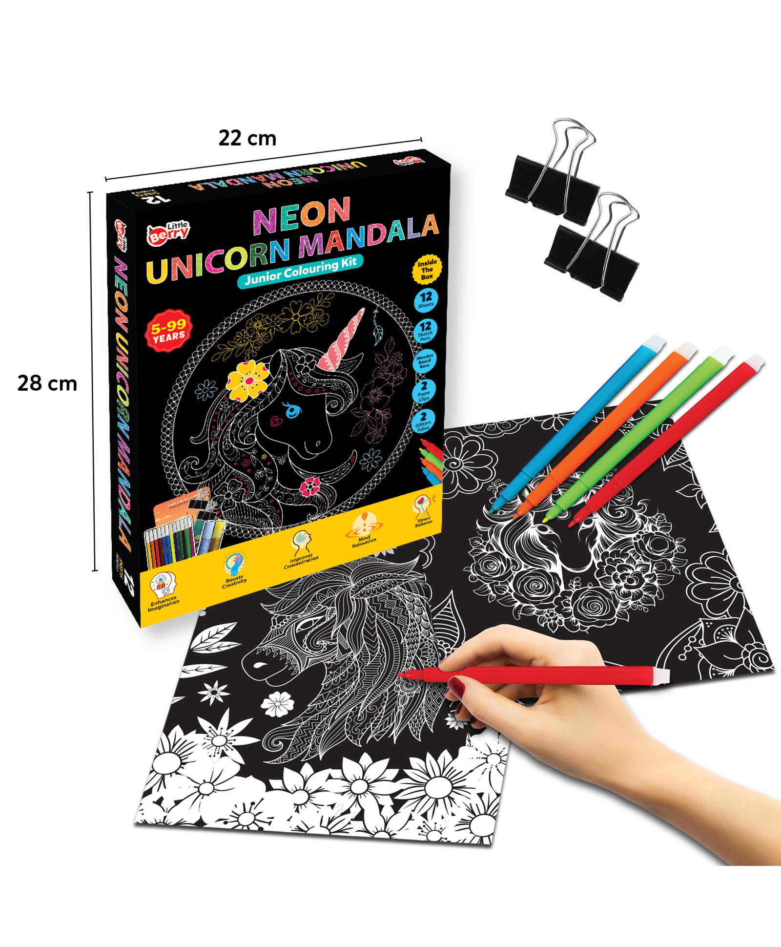 Little Berry Junior Neon Unicorn Mandala Art Colouring Kit - 12 Unique Designs with Sketchpens & Glitter Tubes for Girls (Multicolour)-image-25