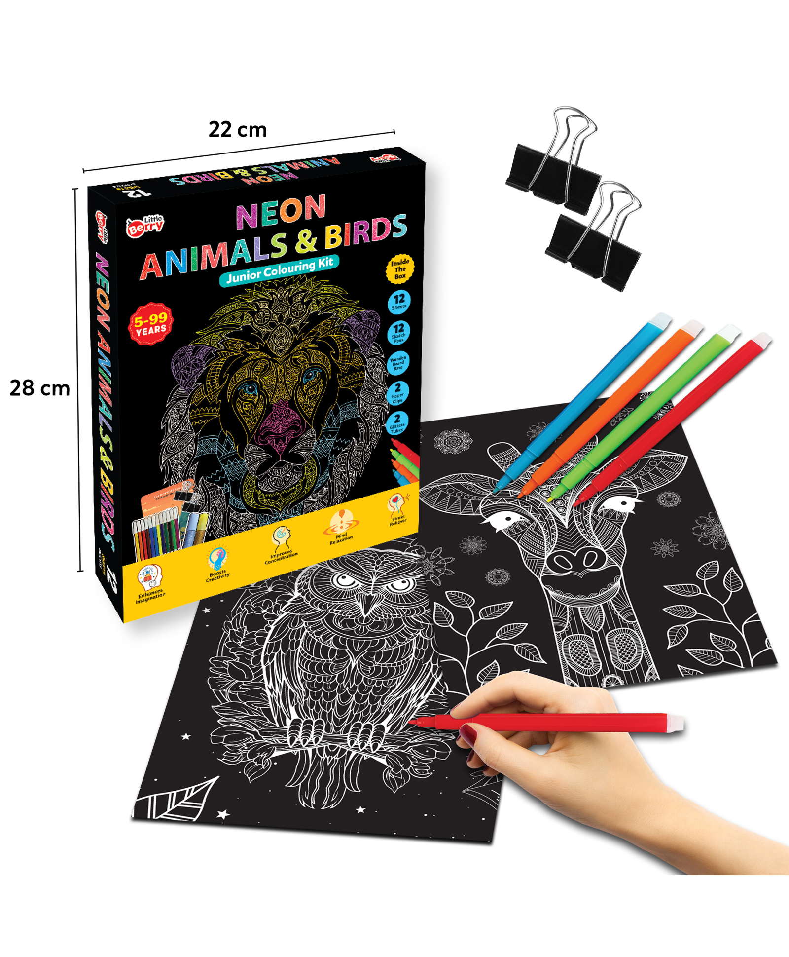 Little Berry Junior Neon Animals & Birds Mandala Art Colouring Kit - 12 Unique Designs with Sketchpens & Glitter Tubes for Girls (Multicolour)-picture-13
