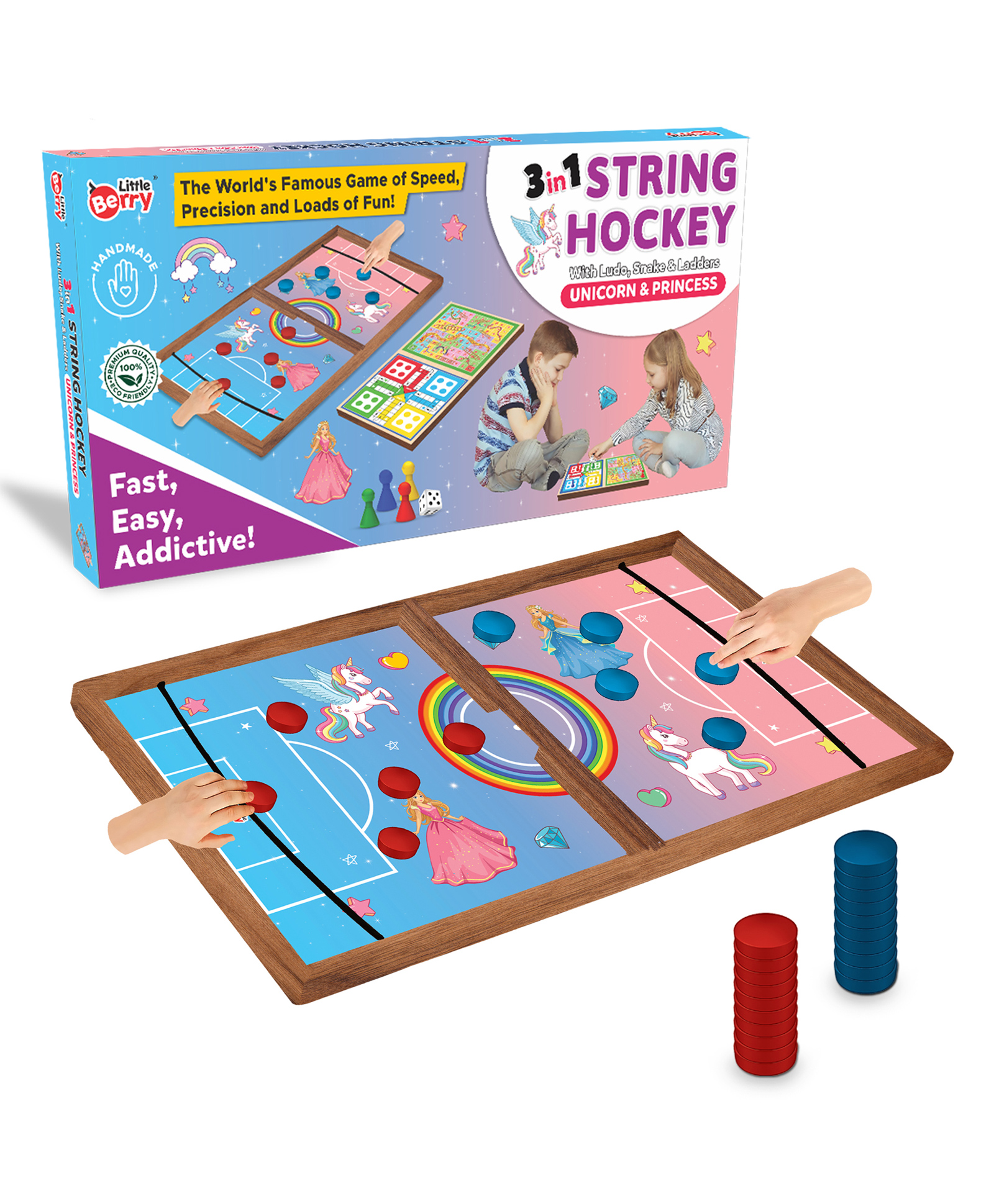 Little Berry 3-in-1 Wooden String Hockey Board Game for Adults & Kids With Ludo & Snakes Ladders: Unicorn & Princess Theme - Fastest Finger First Game (Multicolour)-image-34