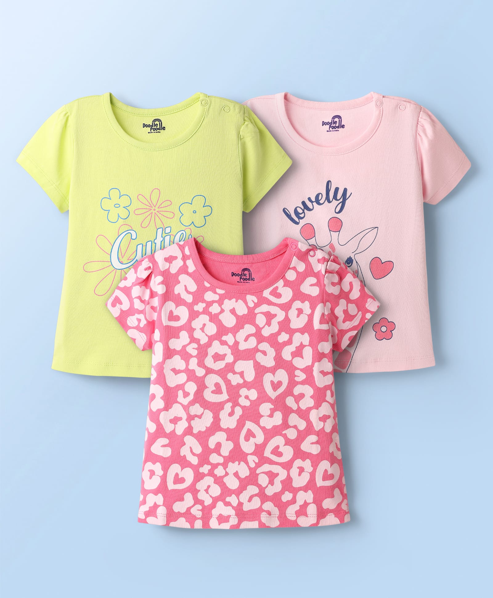 Doodle Poodle 100% Cotton Knit Half Sleeves T-Shirts with Floral Giraffe & Hearts Print Pack of 3 - Lime Green Light & Dark Pink-image-45