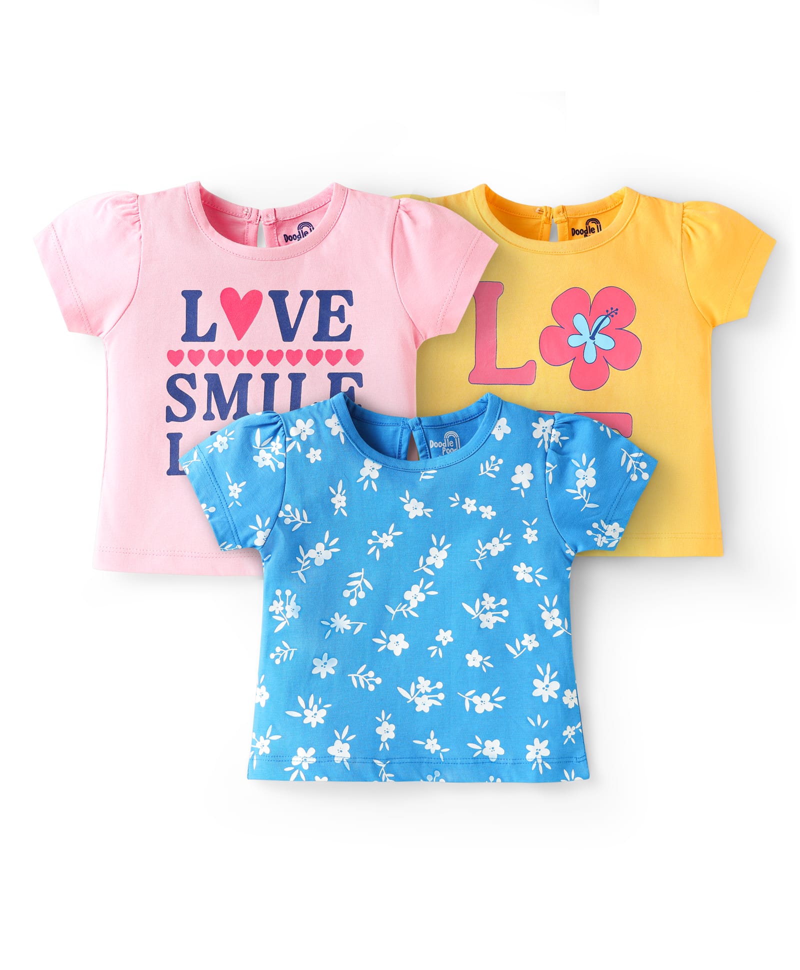 Doodle Poodle 100% Cotton Knit Half Sleeves T-Shirt With Floral & Love Text Print Pack Of 3 - Light Blue Yellow & Pink-image-10