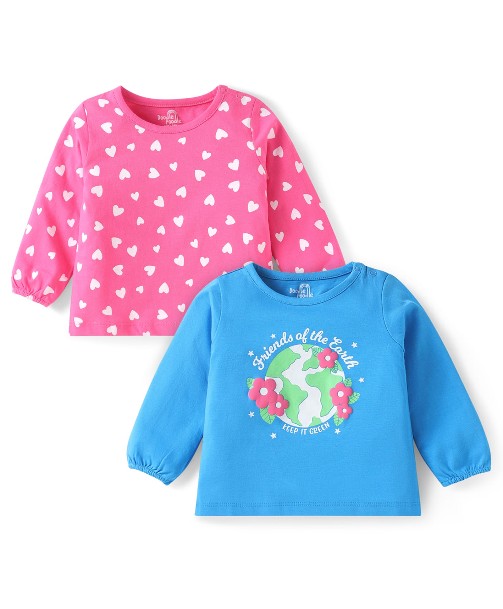 Doodle Poodle 100% Cotton Knit Full Peasant Sleeves Tops with Hearts & Earth Print Pack of 2 - Pink & Blue-image-8