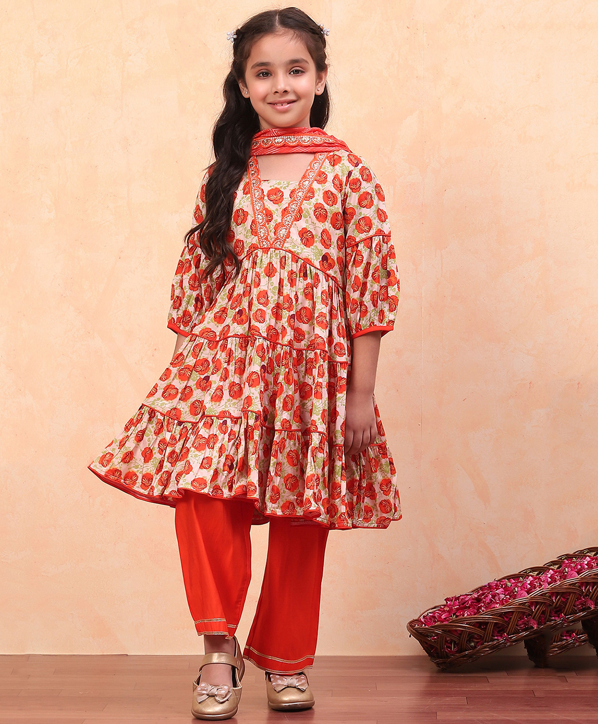 BIBA Viscose Three Fourth Sleeves Floral Printed & Lace Embellished Kurta Salwar With Dupatta Set - Orange-picture-28