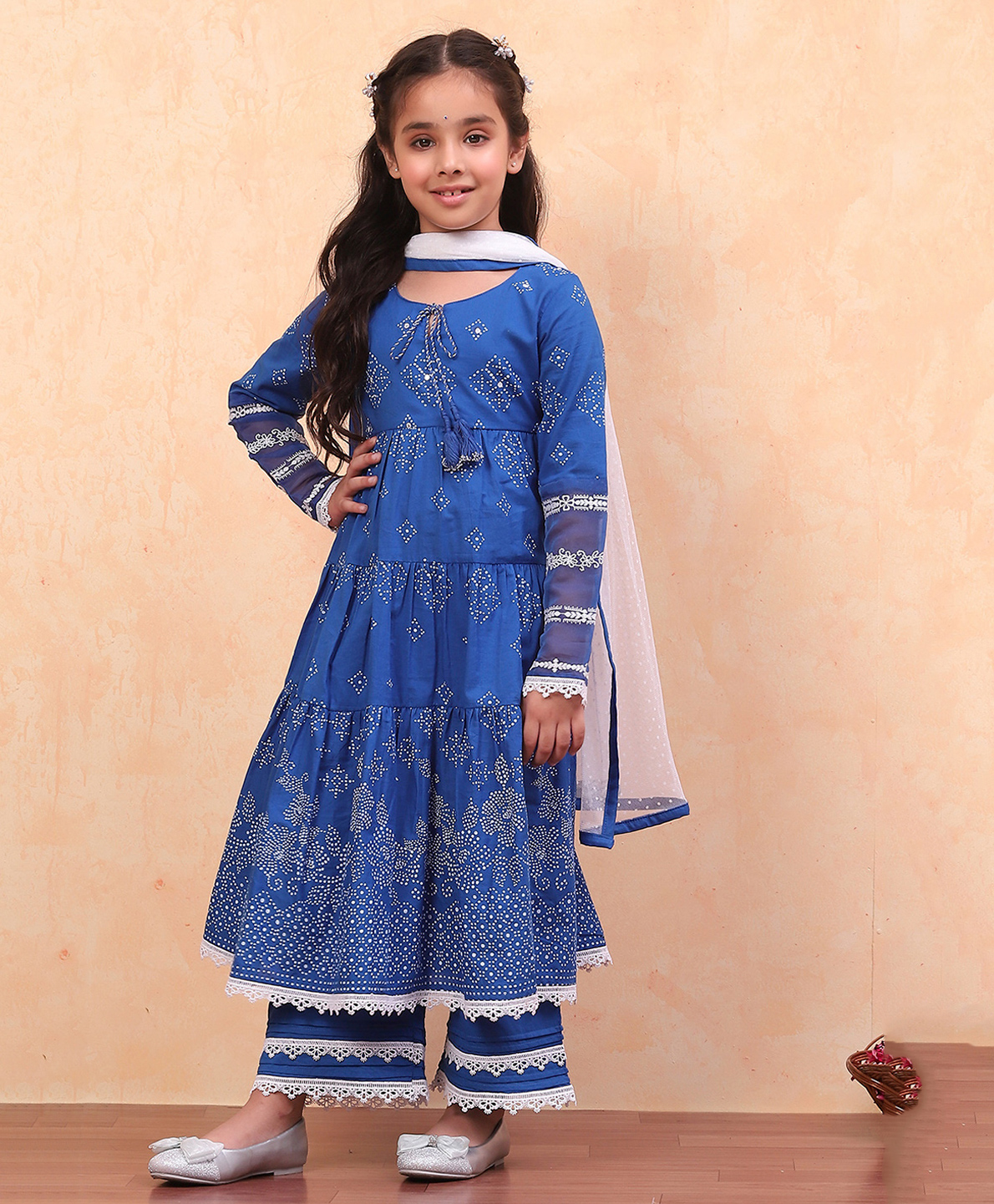 BIBA Full Sleeves Floral Printed & Lace Embellished Tiered Suit Set - Blue-picture-14
