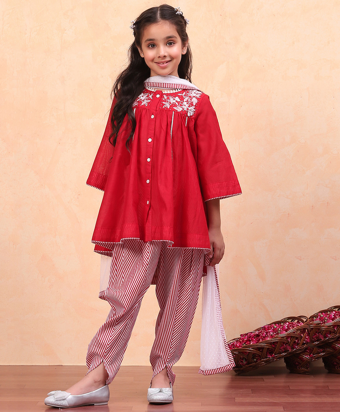 BIBA Three Fourth Sleeves Floral Embroidered & Striped Kalidar Suit Set - Red-image-21