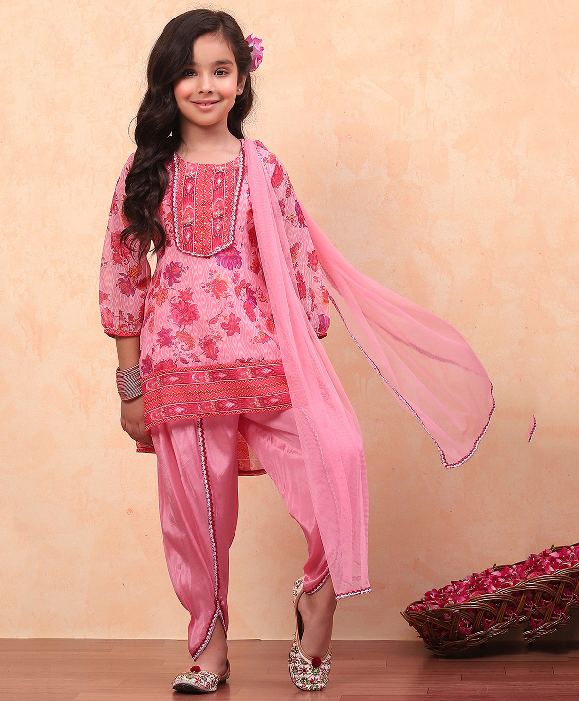 BIBA Three Fourth Sleeves Floral Printed & Lace Embellished Asymmetric Suit Set - Pink