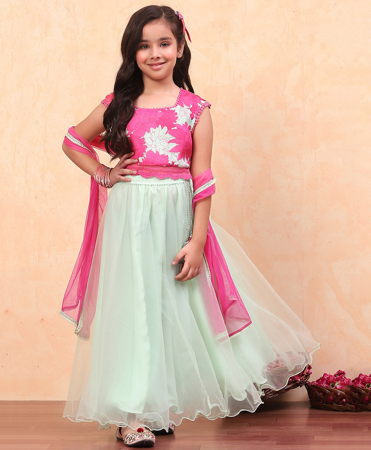 BIBA Sleeveless Floral Printed Lehenga Choli - Matcha Green-picture-19