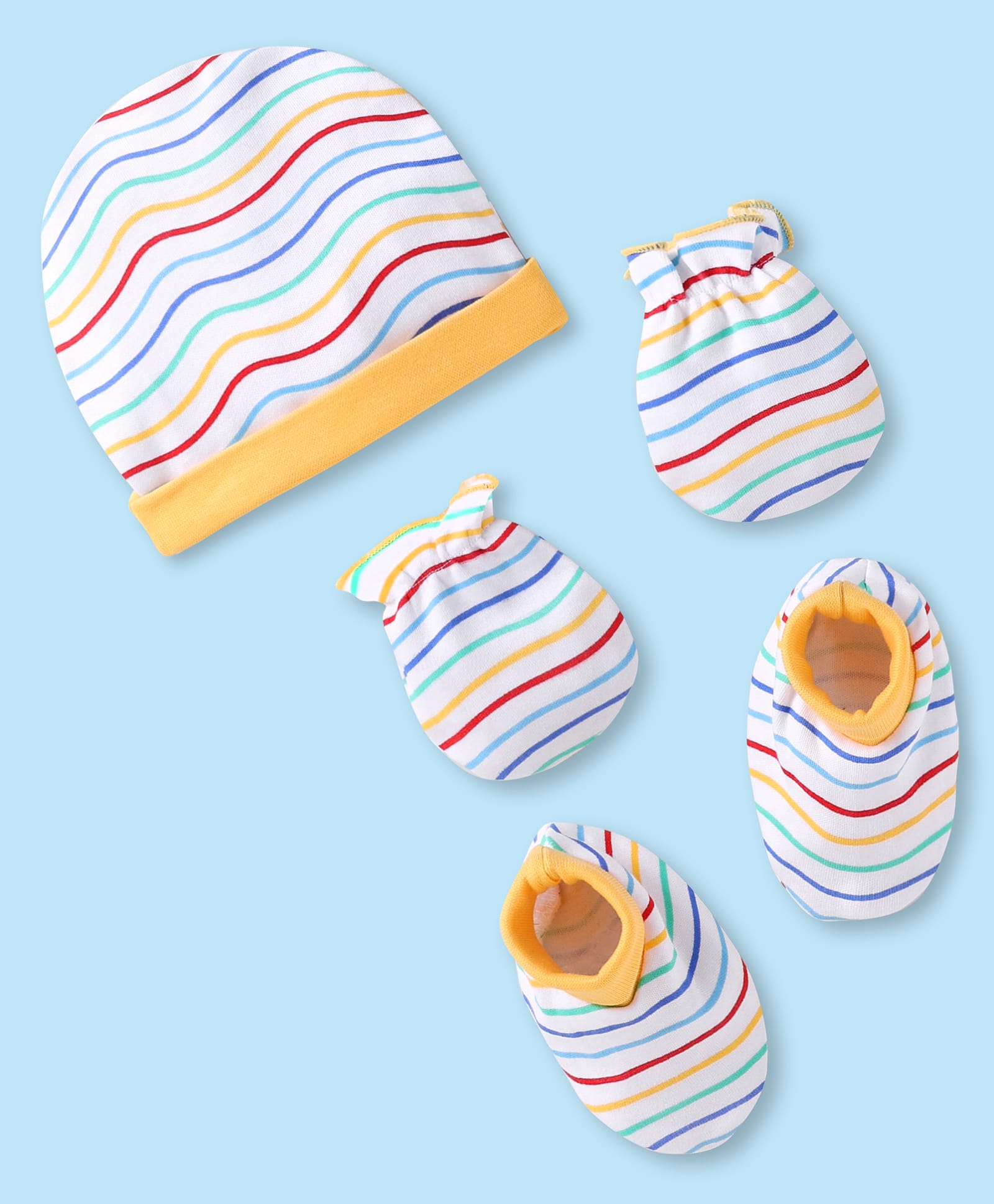Babyhug 100% Cotton Knit Striped Cap Mittens & Booties Yellow - Diameter 10 cm-image-37