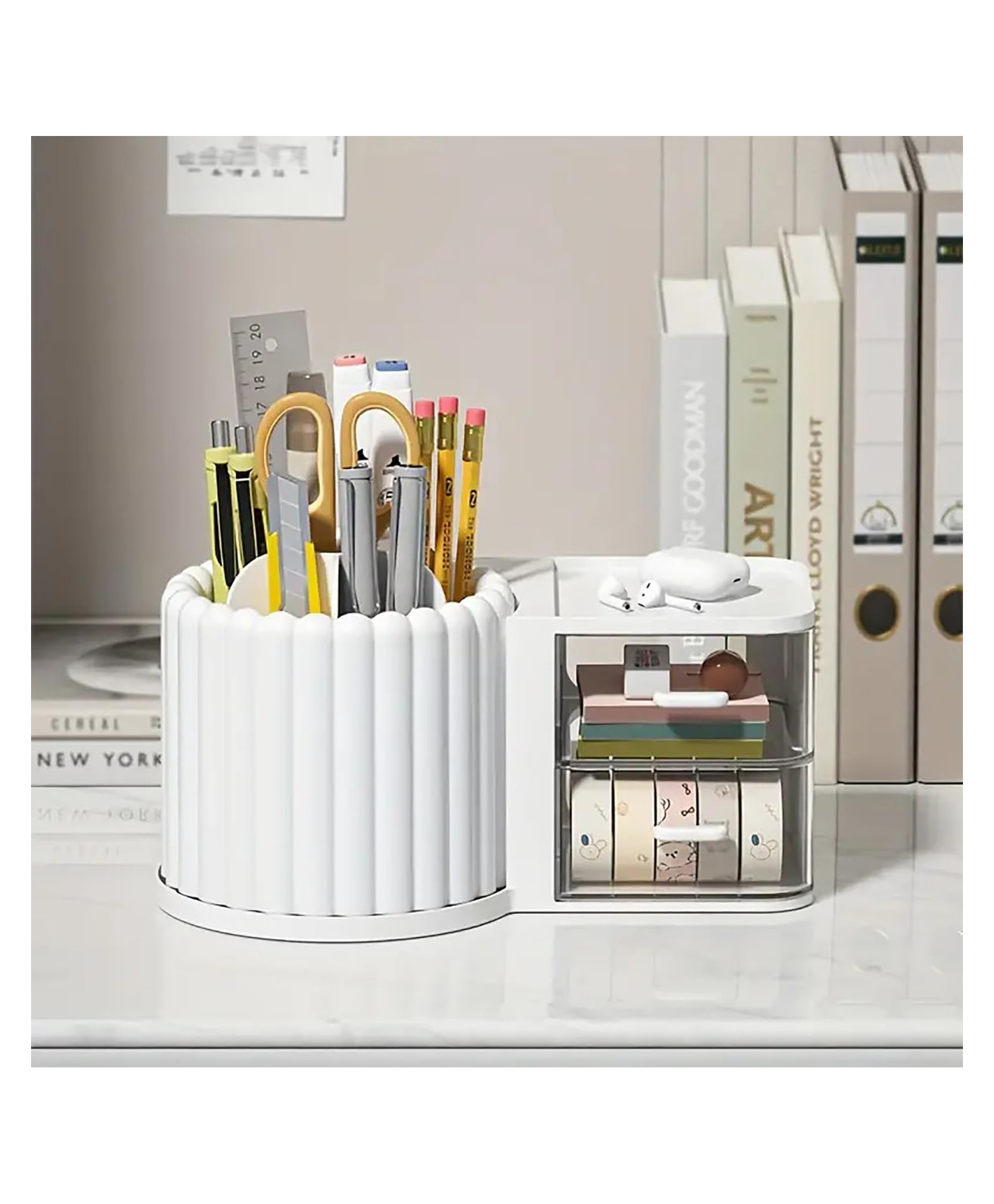 House of Quirk Rotating Cosmetics Makeup Organizer For Dresser Large Capacity With Drawer Cosmetic Display Case Lazy Susan Cosmetic Desk Storage-White-image-2