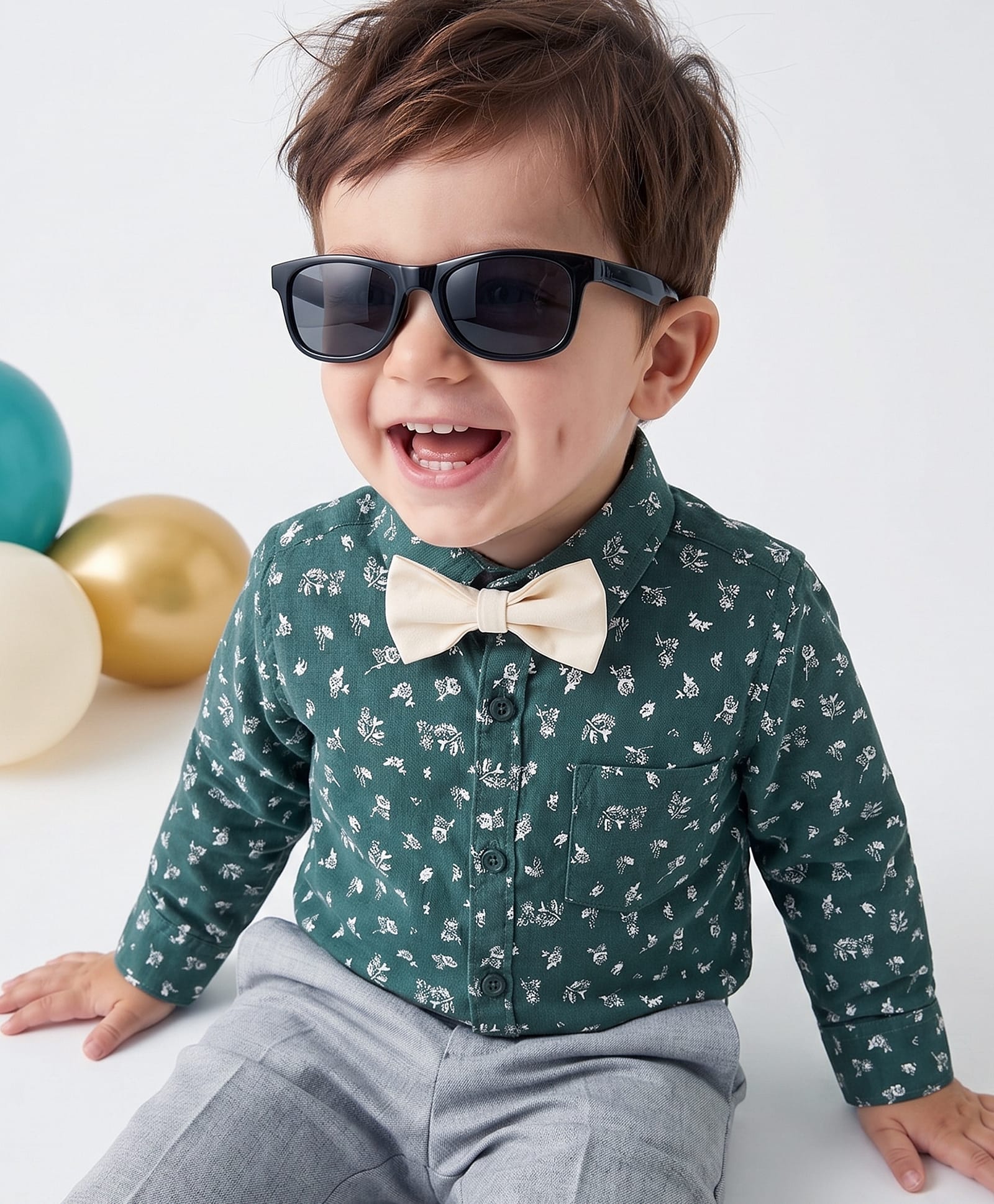 Babyoye Cotton Woven Full Sleeves Party Shirt With Floral Print & Bow - Teal Blue-image-6