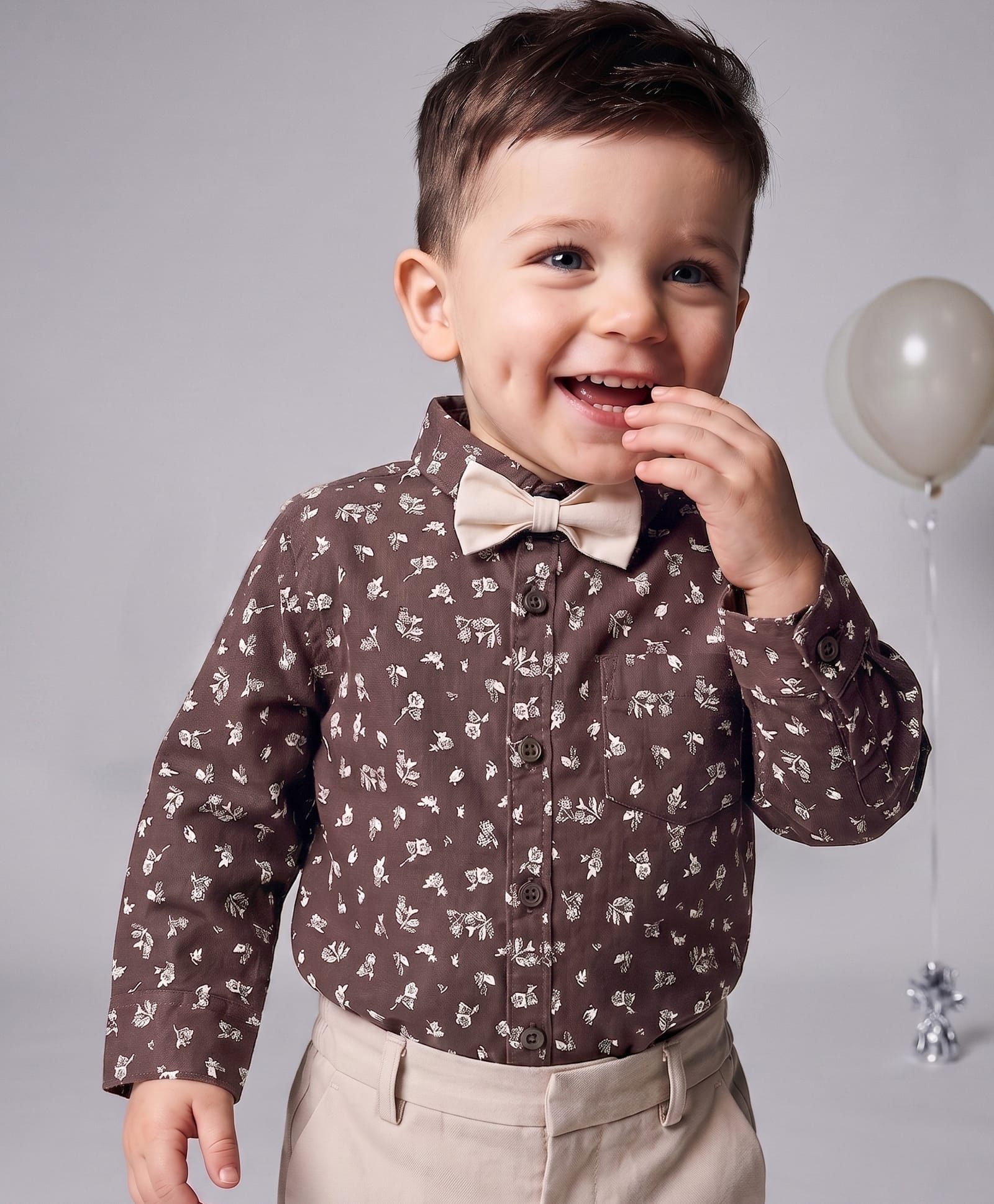 Babyoye Cotton Woven Full Sleeves Party Shirt With Floral Print & Bow - Brown-picture-36