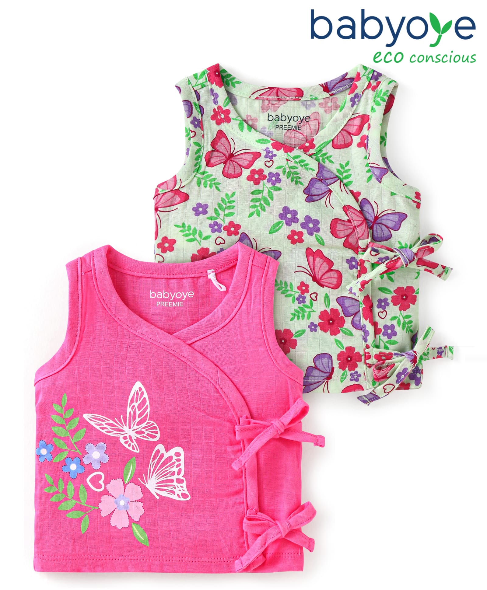 Babyoye Muslin Knit Sleeveless Vests Floral & Butterfly Print Pack Of 2 - Pink & Light Green-image-34