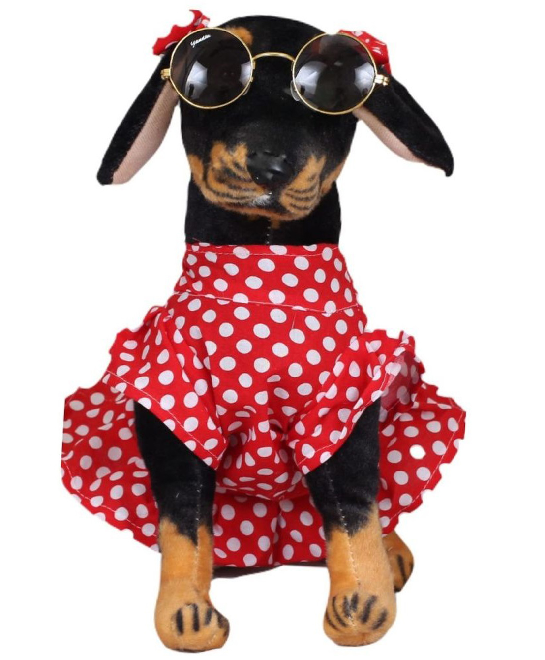Tickles Soft Stuffed Plush Animal Sitting Rottweiler Dog Wearing Dots Printed Design Dress with Googles Toy for Kids Boys & Girls (Color: Brown and Black Height 39 cm)-picture-10
