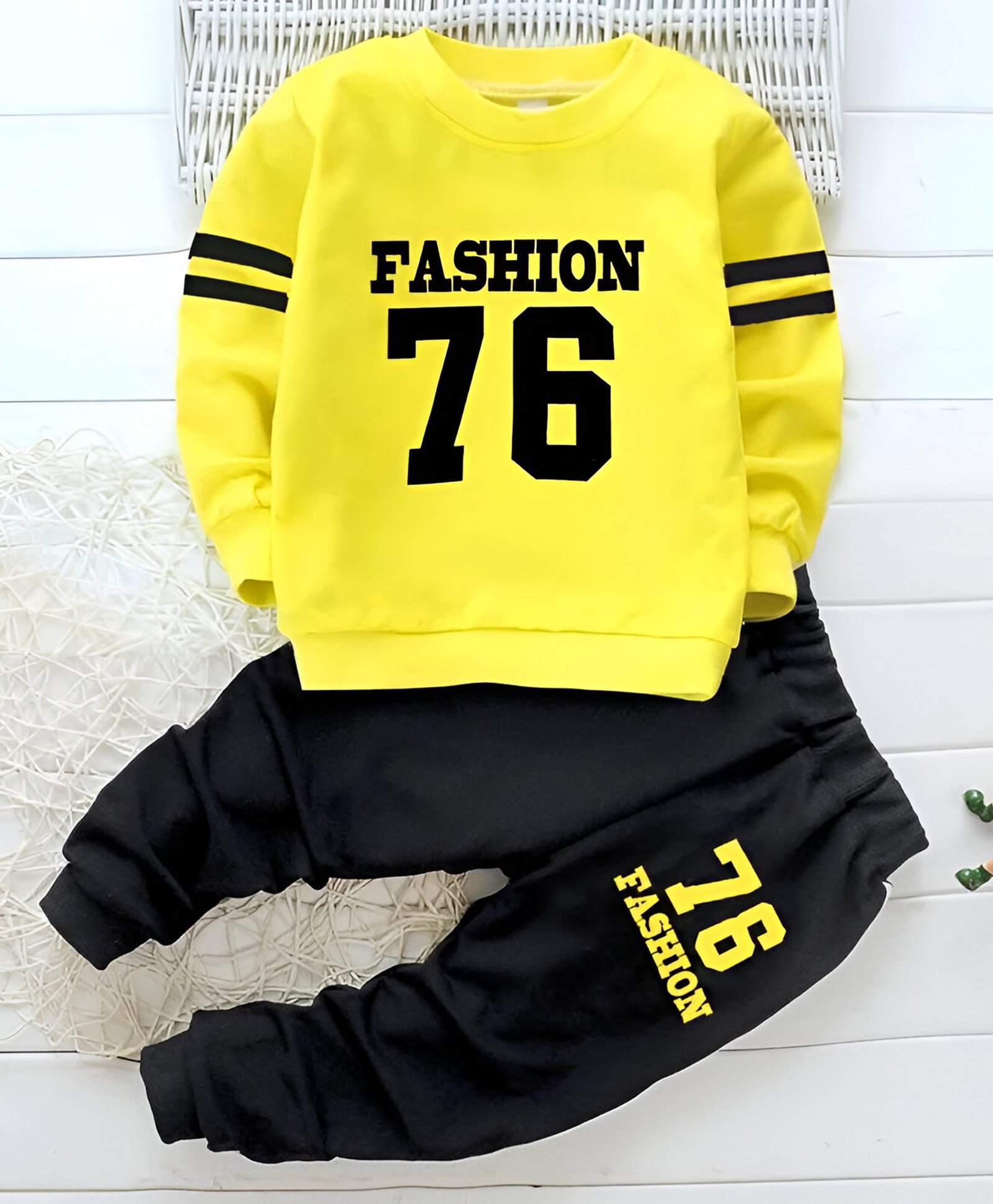 Googo Gaaga Cotton Full Sleeves Fashion 76 Text Printed Sweatshirt With Joggers Set - Yellow & Black-picture-12