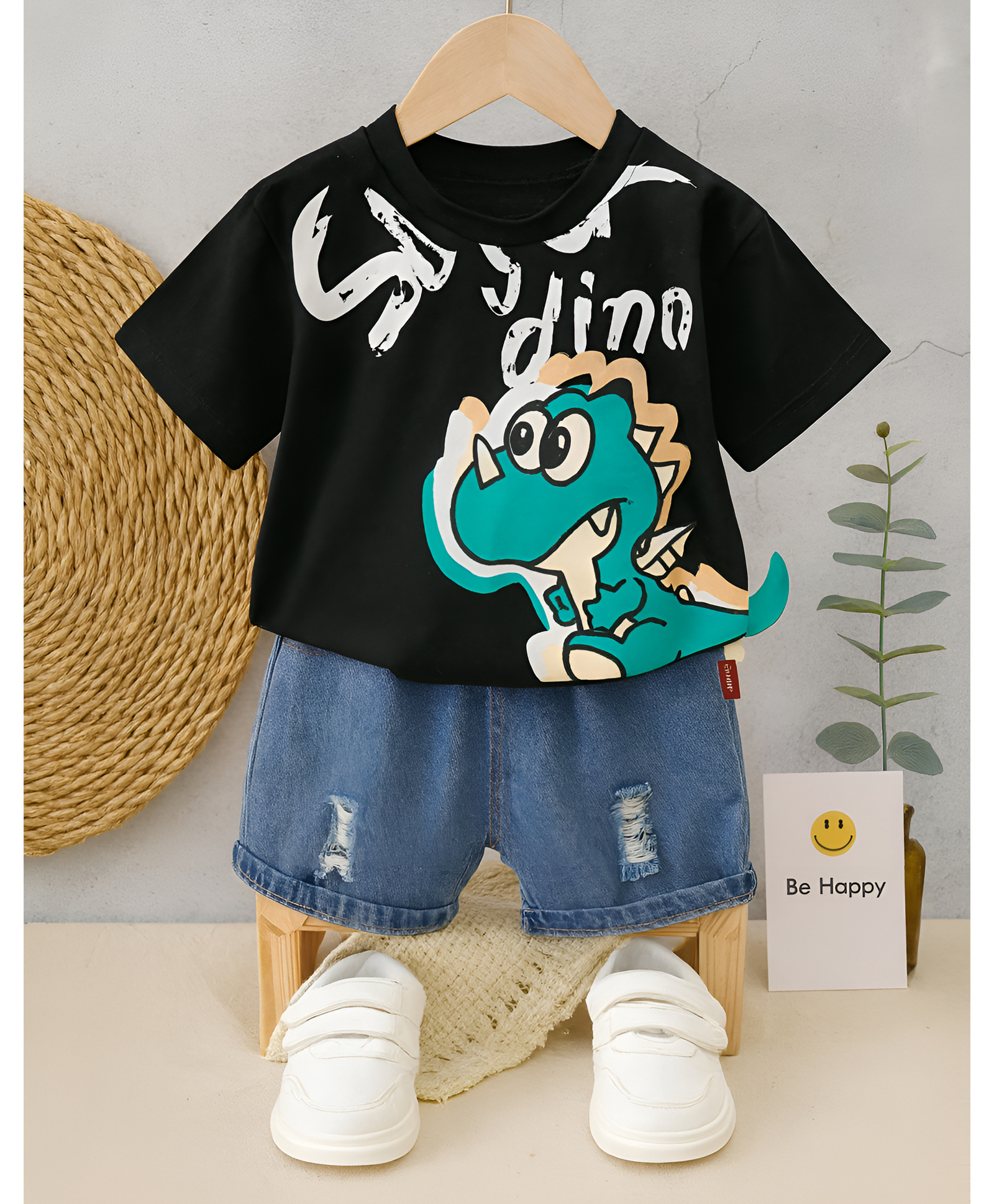 Googo Gaaga Cotton Half Sleeves Dinosaur Printed Tee With Denim Distressed Shorts Set - Black-picture-11